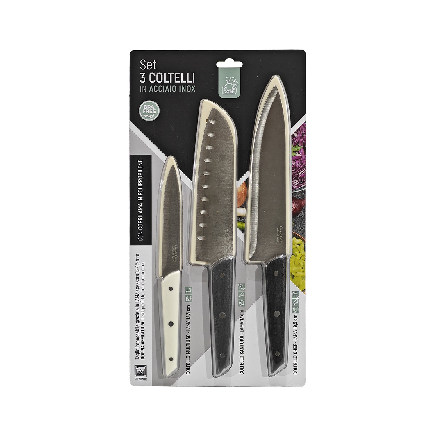 GUSTO CASA - Set 3 Coltelli Cucina con Coprilama