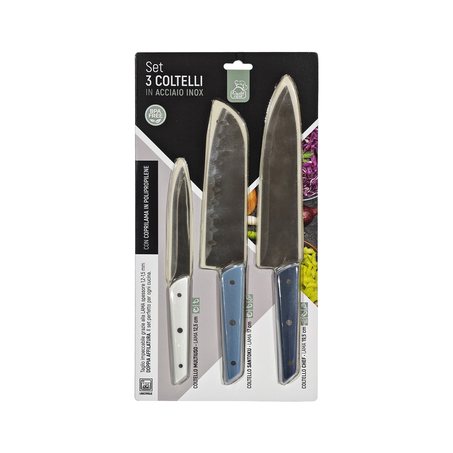 GUSTO CASA - Set 3 Coltelli Cucina con Coprilama