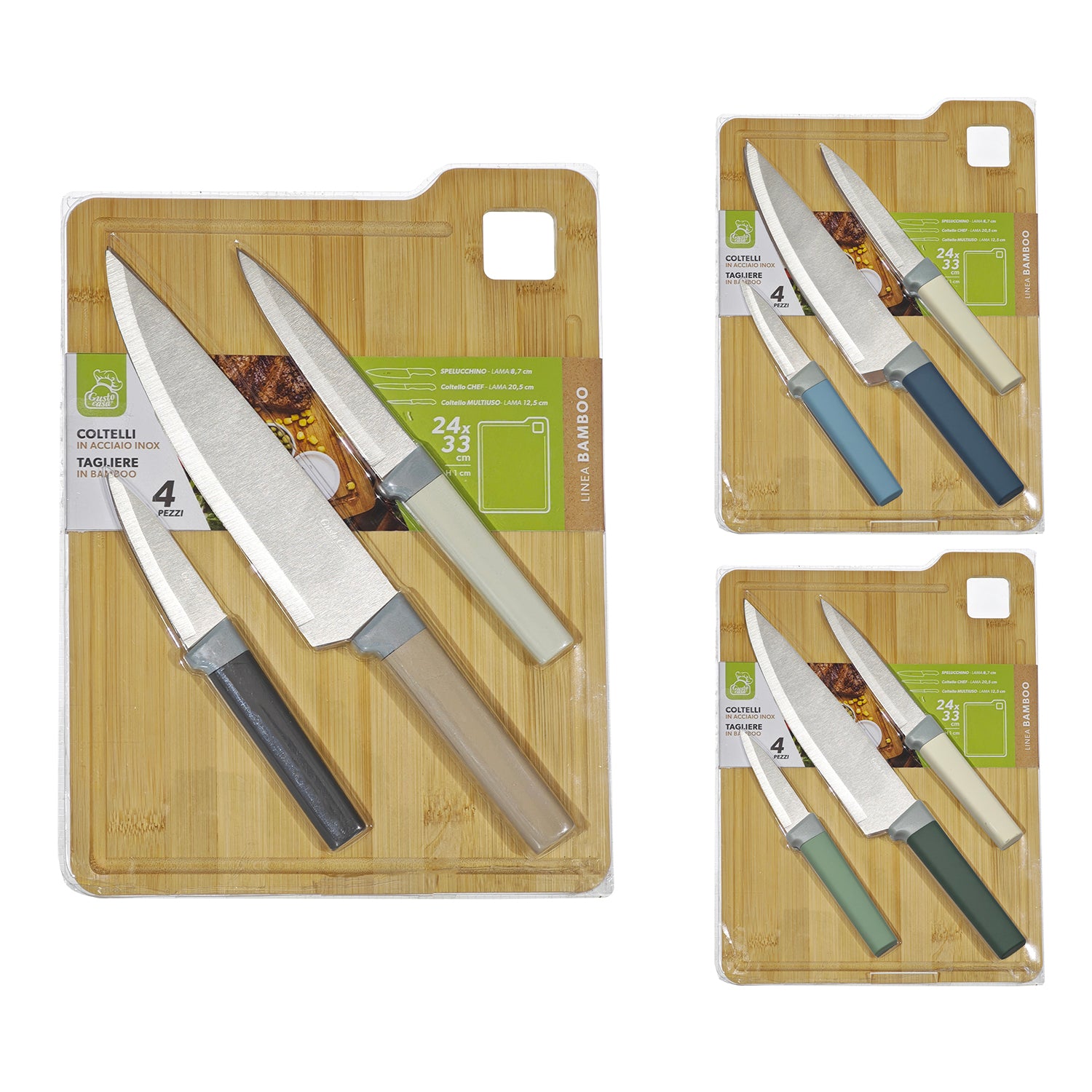 GUSTO CASA - Set Coltelli in Acciaio Inox con Tagliere in Bambù 4 Pezzi Linea Bamboo