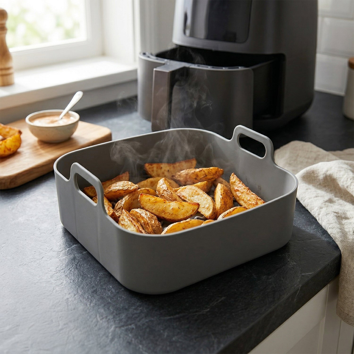 GUSTO CASA - Cestello per Friggitrice ad Aria con Manici in Silicone 19x19 cm