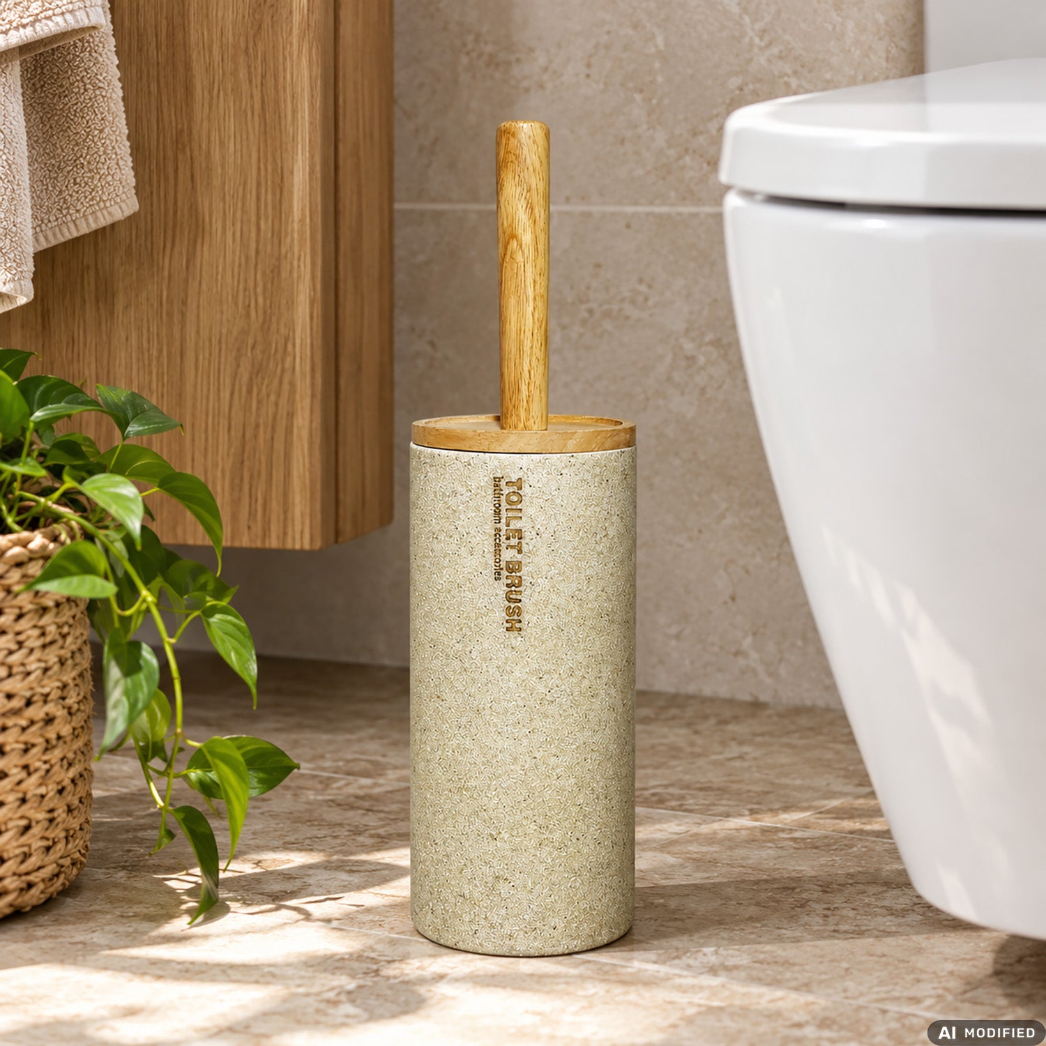 VESTIAMO CASA - Portascopino WC con Scopino in Poliresina Beige e Legno h38 cm