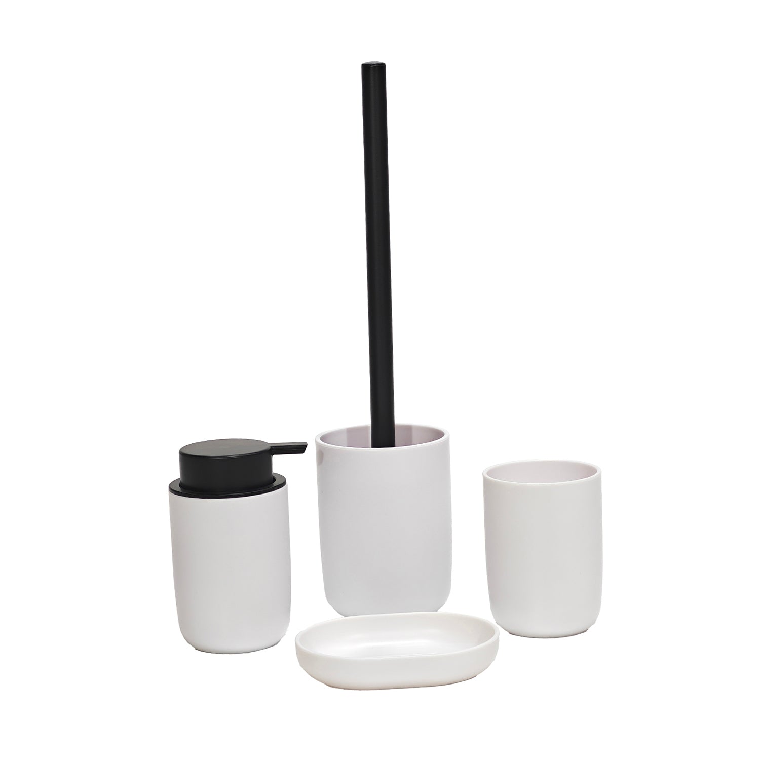 VESTIAMO CASA - Set Bagno 4 Pezzi - Dispenser, Porta Spazzolini, Saponetta e Scopino