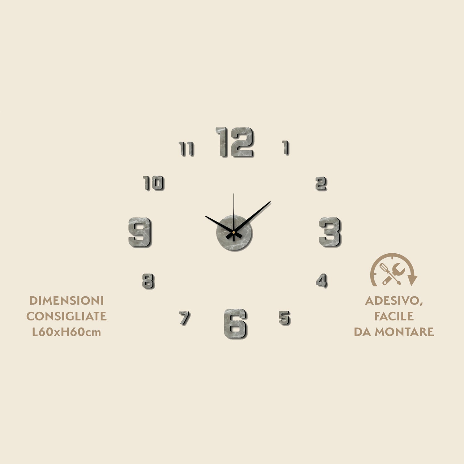 DICTROLUX - Orologio da Parete Adesivo Marble Fai da Te 60x60 cm