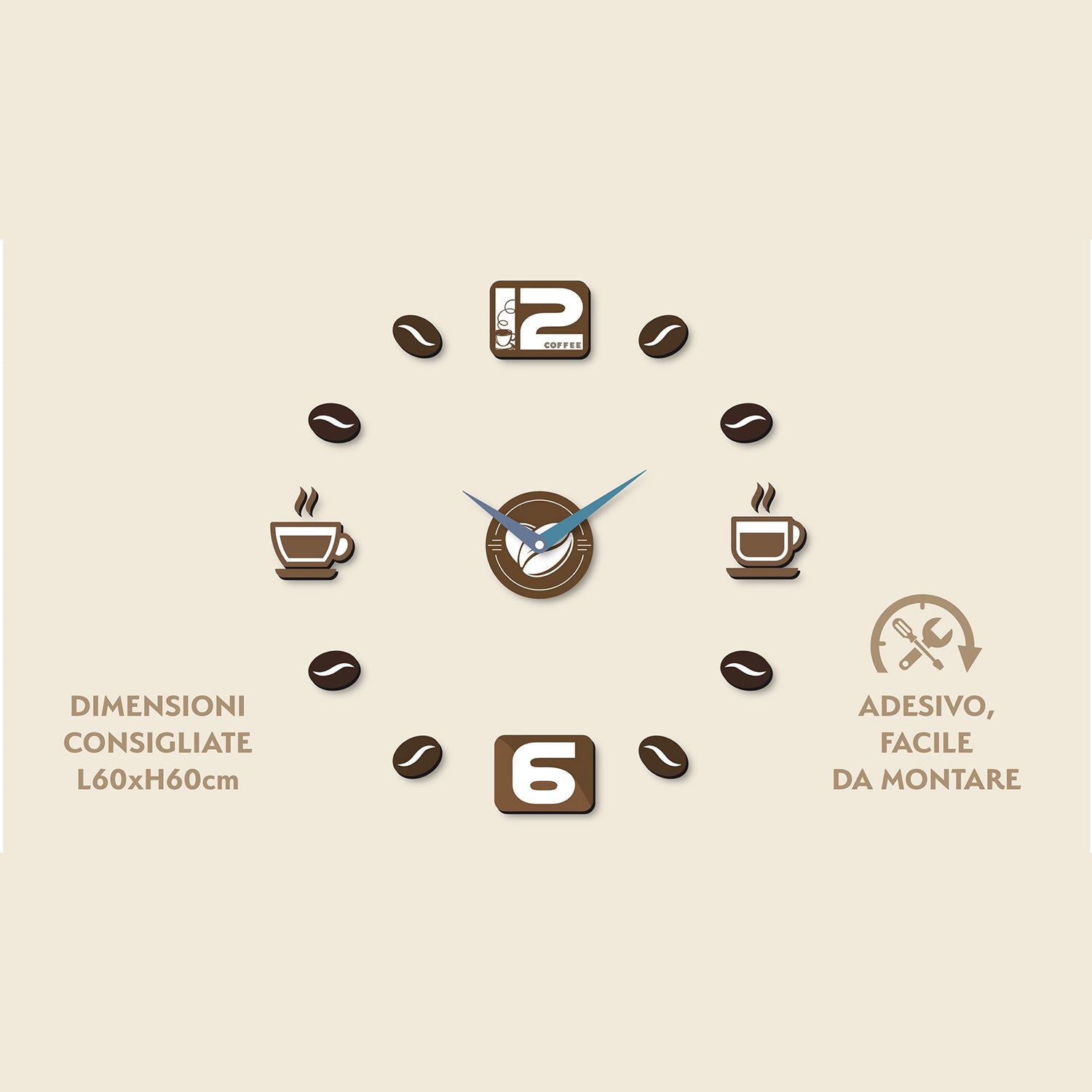 DICTROLUX - Orologio da Parete Adesivo Brown Effetto Legno Fai da Te 60x60 cm