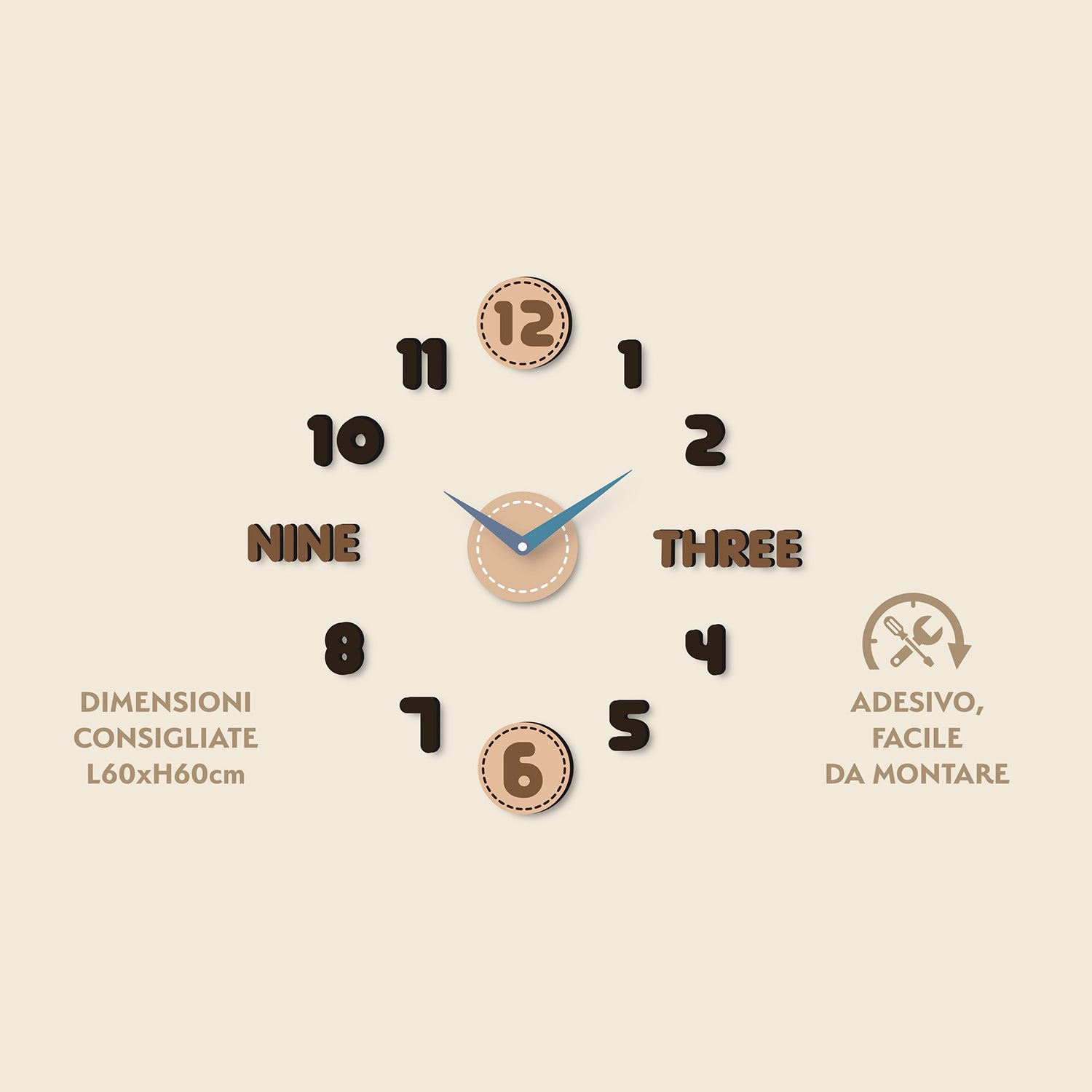 DICTROLUX - Orologio da Parete Adesivo Brown Effetto Legno Fai da Te 60x60 cm