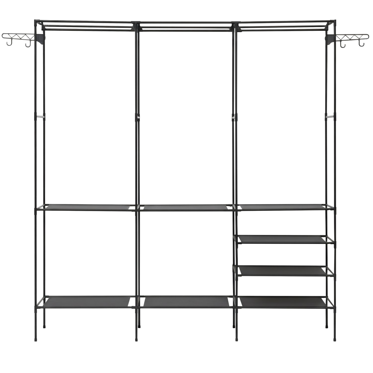 VESTIAMO CASA - Stand Appendiabiti Multifunzione in Metallo Nero con 8 Ripiani e 4 Ganci – h170x160x36 cm