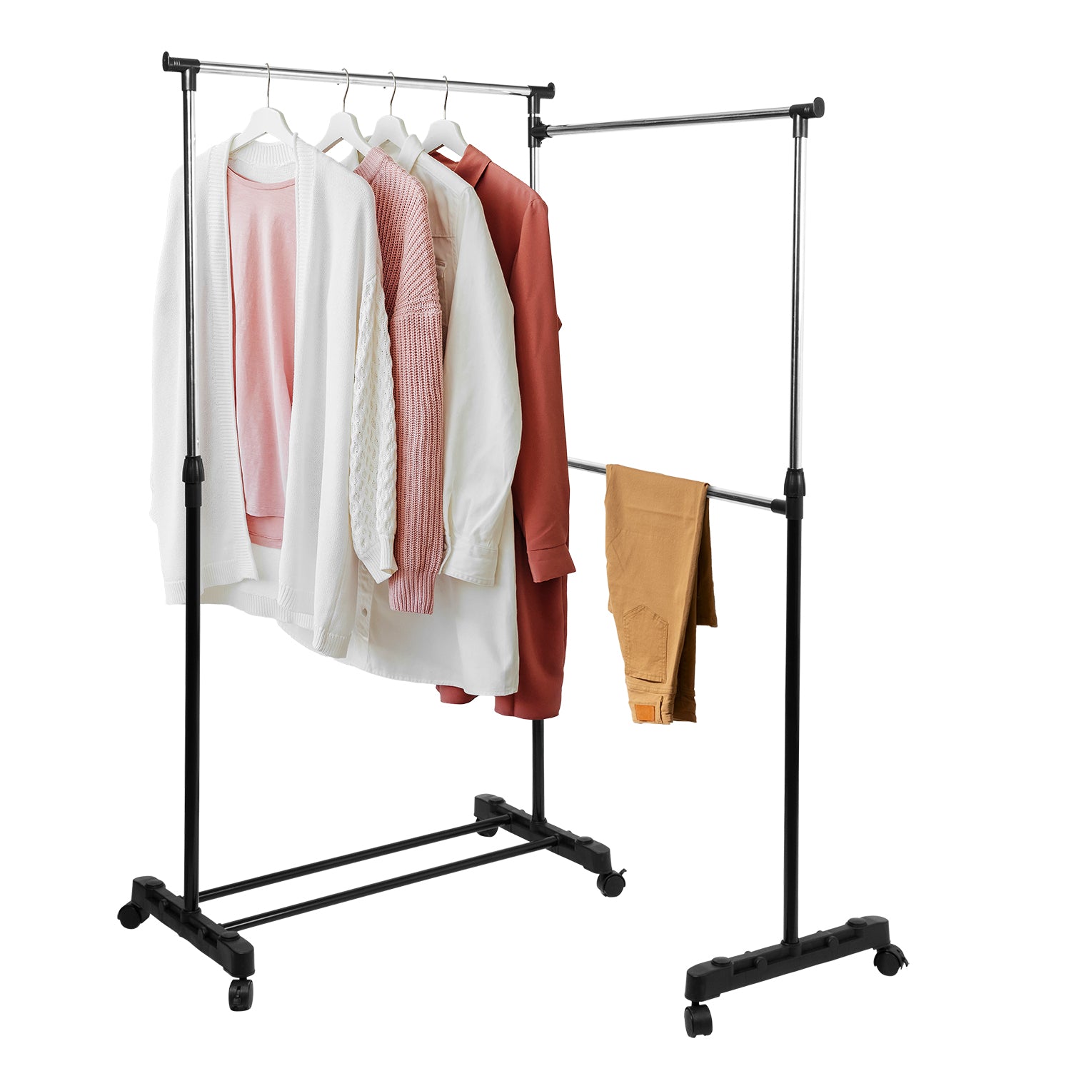 VESTIAMO CASA - Appendiabiti Estensibile in acciaio inox, metallo e plastica con ripiano poggiascarpe - h156-94x156x43 cm