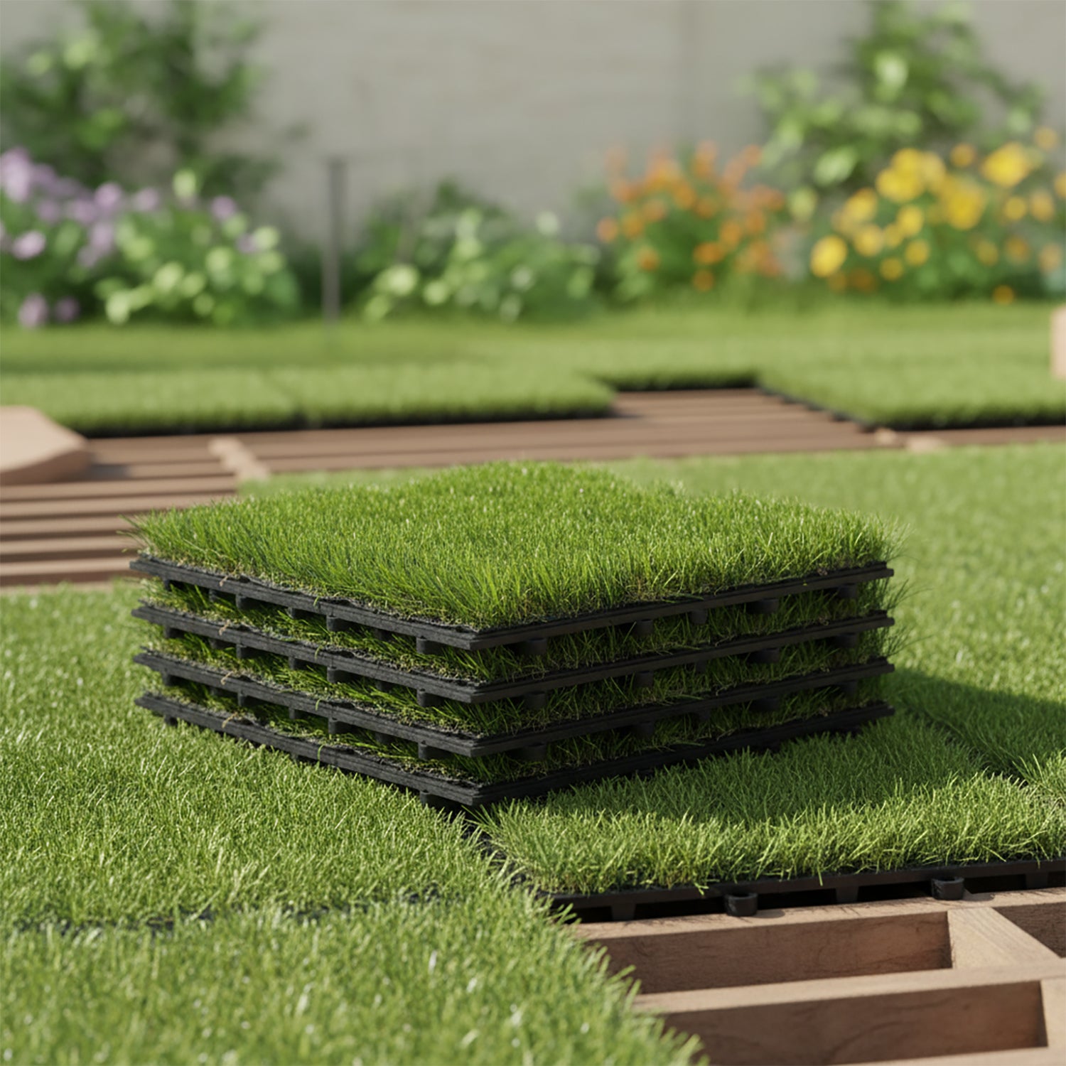 VESTIAMO CASA GIARDINO - Set 4 Mattonelle Prato da Esterno in Polietilene a Incastro 30×30 cm