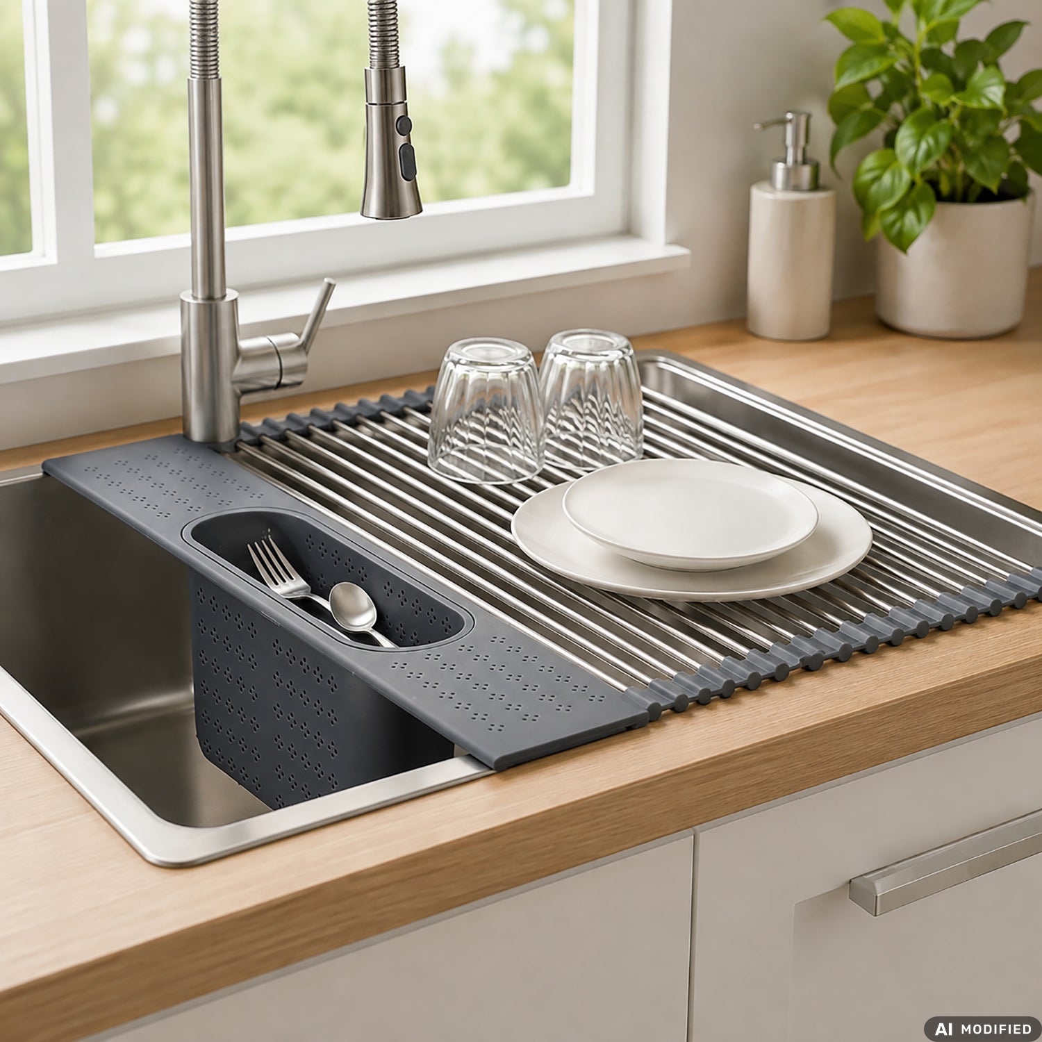GUSTO CASA - Griglia Asciugatutto Pieghevole in Acciaio Inox con Cestello Scolaposate 44x20 cm