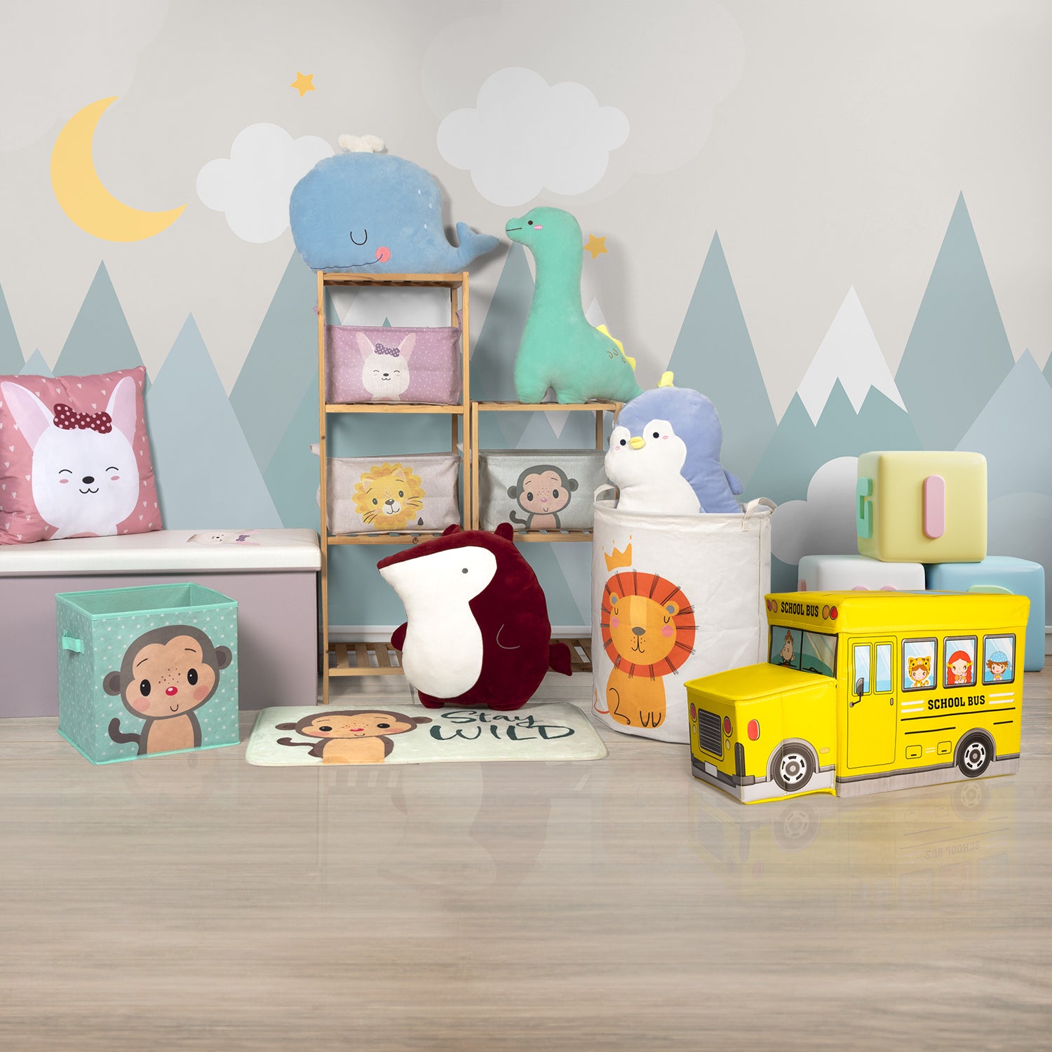 VESTIAMO CASA - Scatola Portaoggetti Salvaspazio a Forma di Scuolabus per Giocattoli Linea Baby Cute