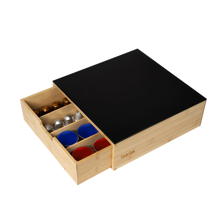 GUSTO CASA - Porta Capsule in Bamboo con Piano in Vetro 3 in 1 Linea Natura - h10x30x30 cm