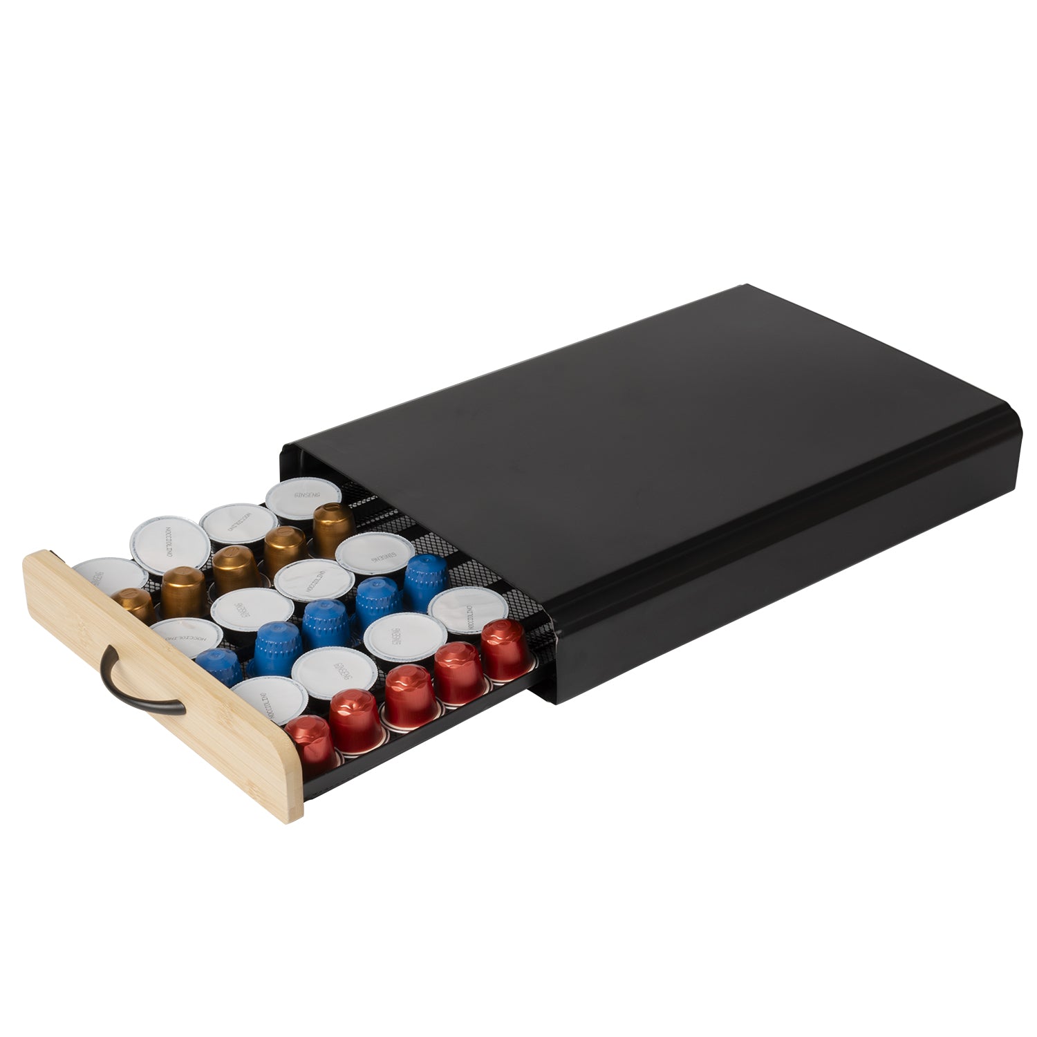 GUSTO CASA - Portacapsule in Metallo & Bamboo 2 in 1 Nero 66 Posti - Compatibile con capsule Nespresso e A Modo Mio