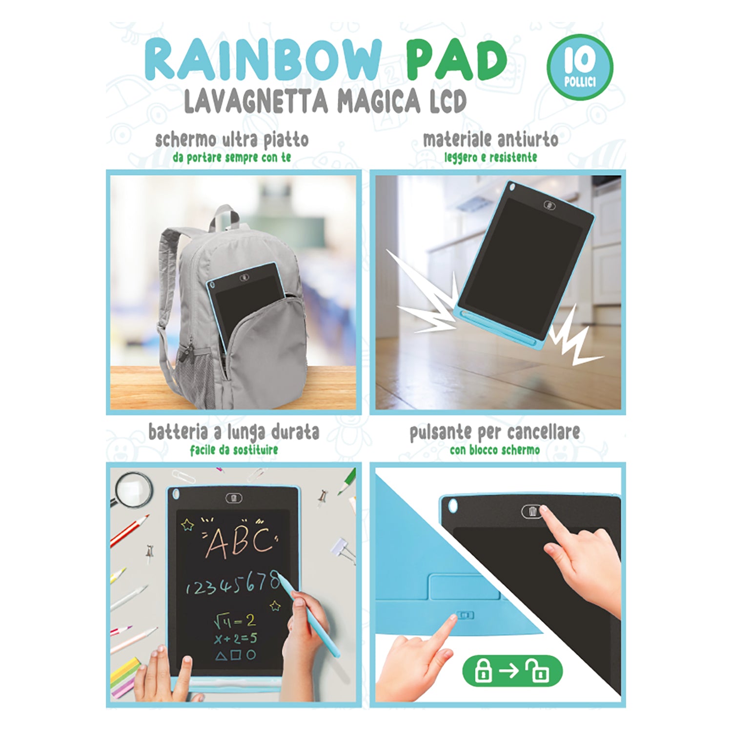 TU GIOCHI - Rainbow Pad Lavagnetta Magica LCD 10 Pollici Multicolore con Penna 3+ Anni