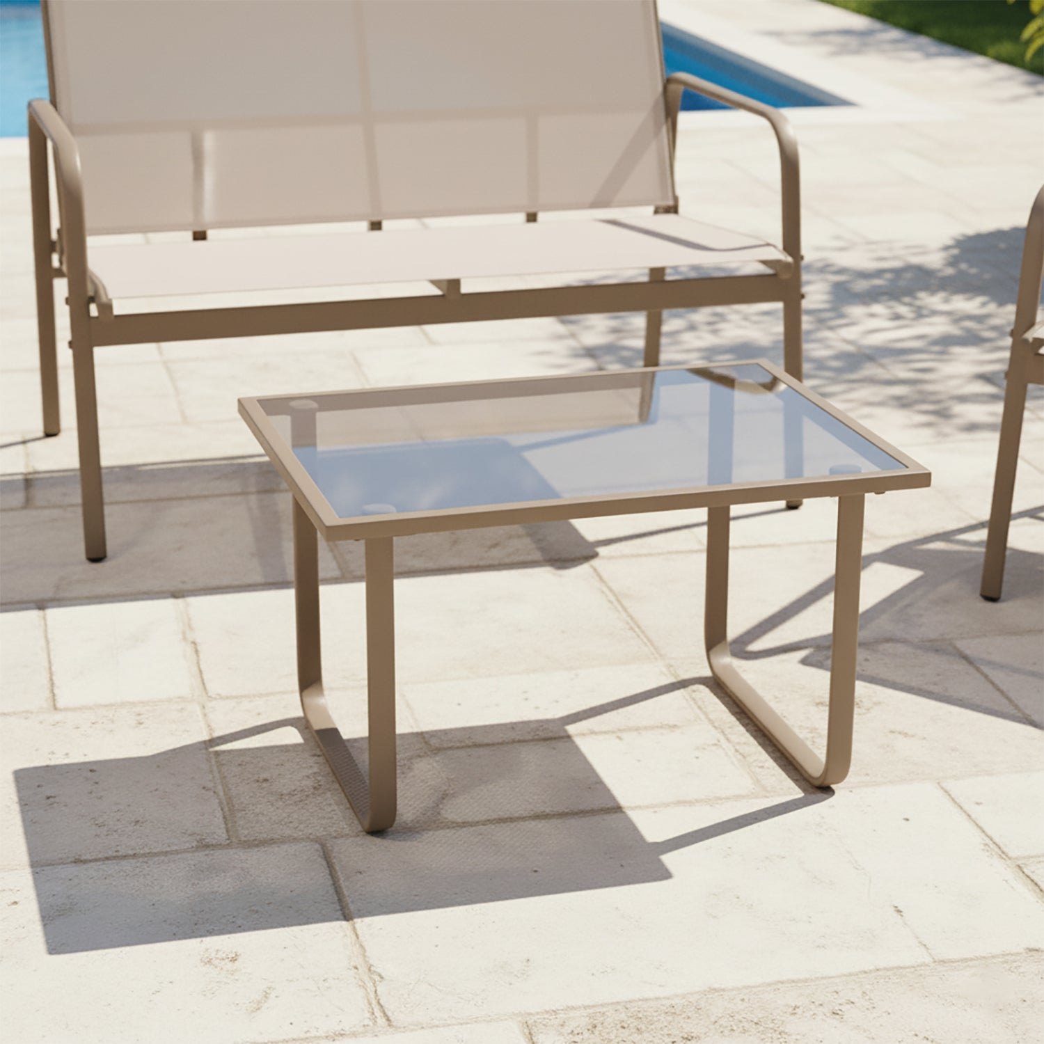 VESTIAMO CASA GIARDINO - Set da giardino 4 pezzi Struttura in Acciaio Tortora, braccioli e Top in Vetro