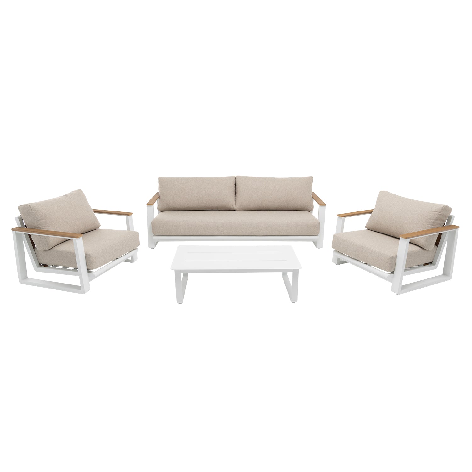 VESTIAMO CASA GIARDINO - Set da giardino 4 pezzi Struttura in Alluminio Bianco, braccioli in Polywood e cuscini Beige