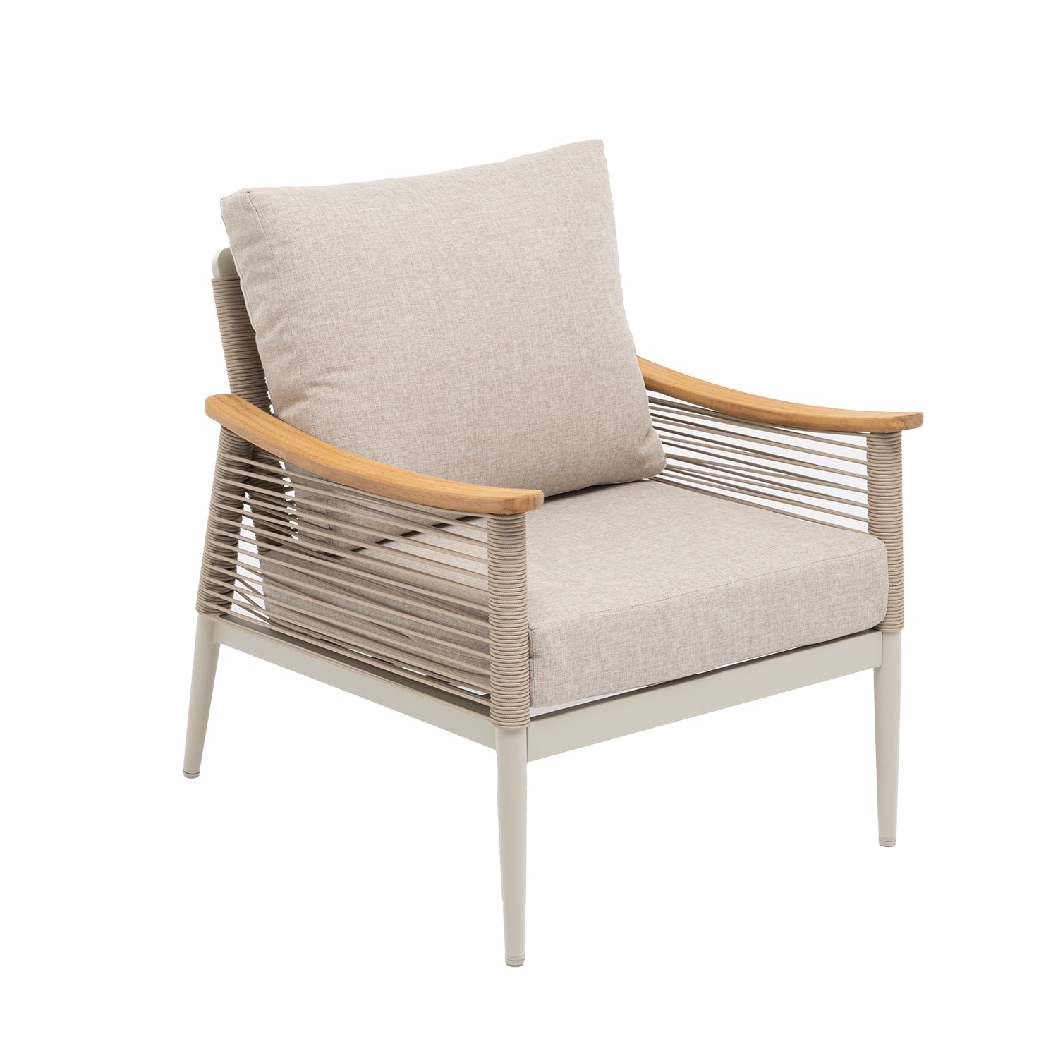 VESTIAMO CASA GIARDINO - Set da giardino 5 pezzi Struttura in Alluminio Tortora, braccioli in Legno di Teak e cuscini Beige