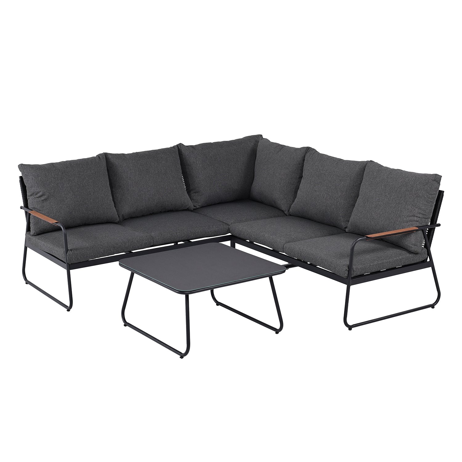 VESTIAMO CASA GIARDINO - Set Salotto da giardino Angolare 5 Posti Struttura in Acciaio Antracite, braccioli Effetto Legno e Top in Vetro con cuscini inclusi