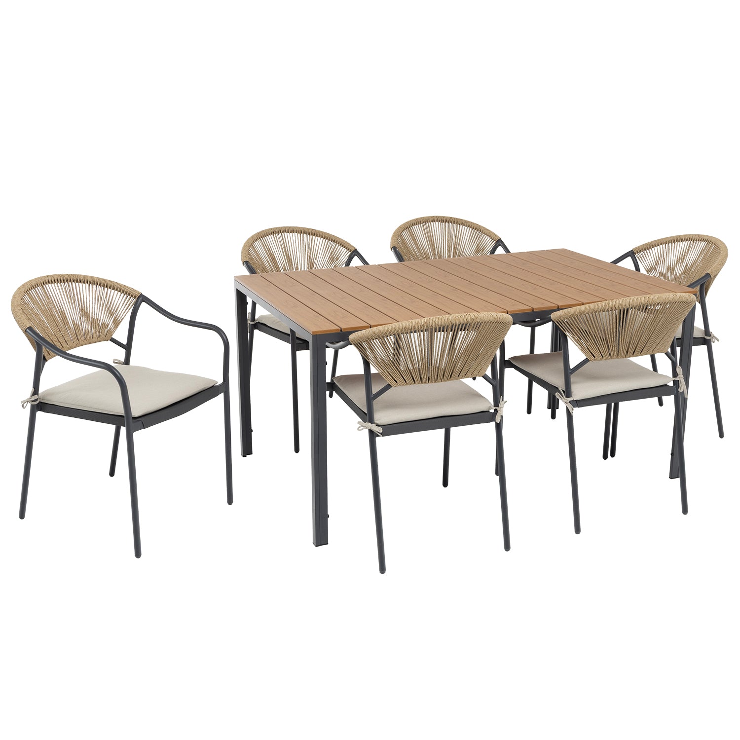 VESTIAMO CASA GIARDINO - Set da giardino 7 pezzi Tavolo con 6 Sedie struttura in Acciaio Antracite, braccioli con cuscini inclusi e Top in Polywood