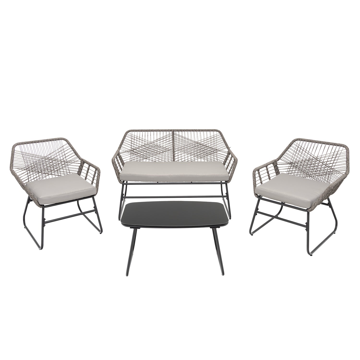 VESTIAMO CASA GIARDINO - Set da giardino 4 pezzi Struttura in Acciaio, con Intreccio in fibra sintetica effetto rattan Grigio e Top in Vetro, cuscini inclusi