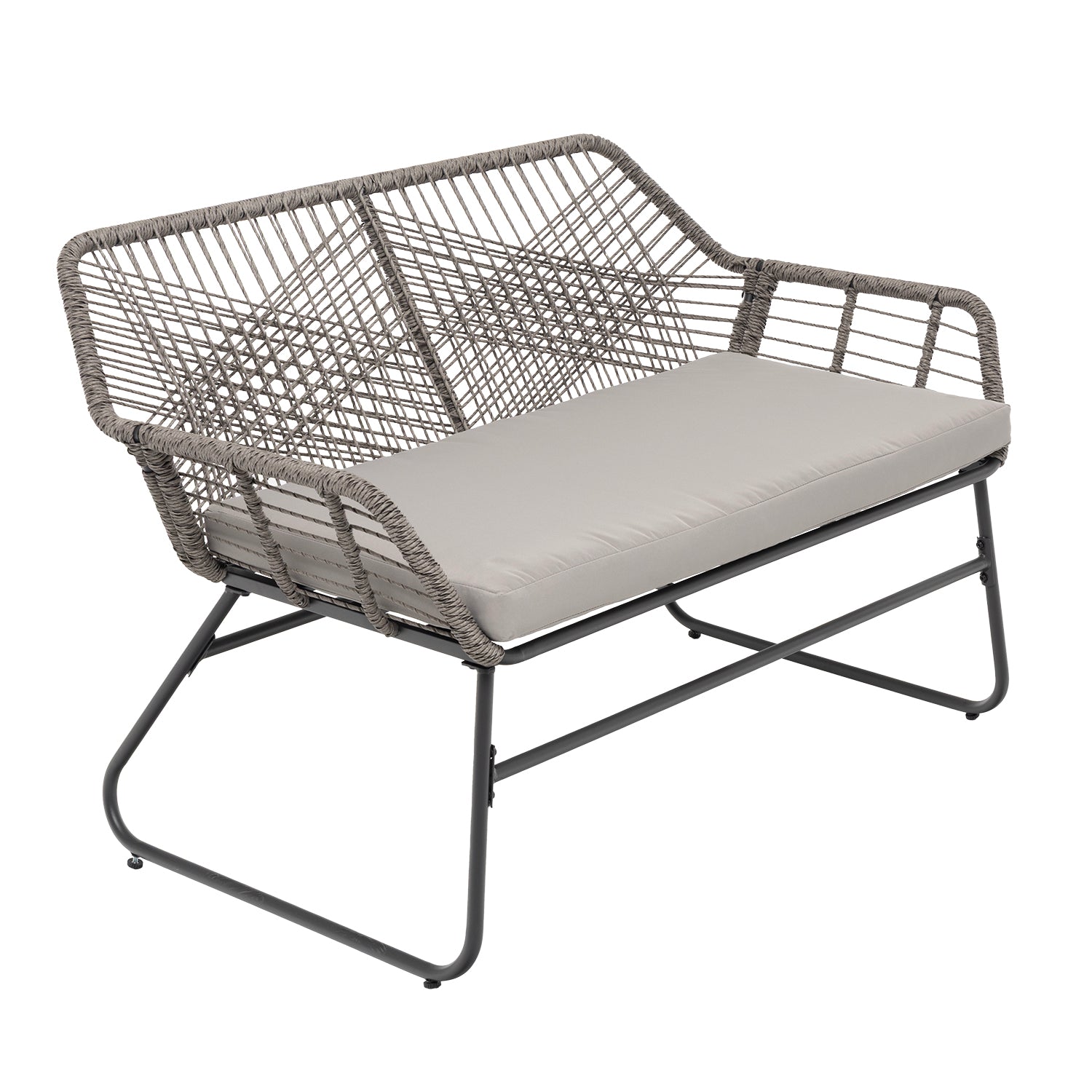 VESTIAMO CASA GIARDINO - Set da giardino 4 pezzi Struttura in Acciaio, con Intreccio in fibra sintetica effetto rattan Grigio e Top in Vetro, cuscini inclusi