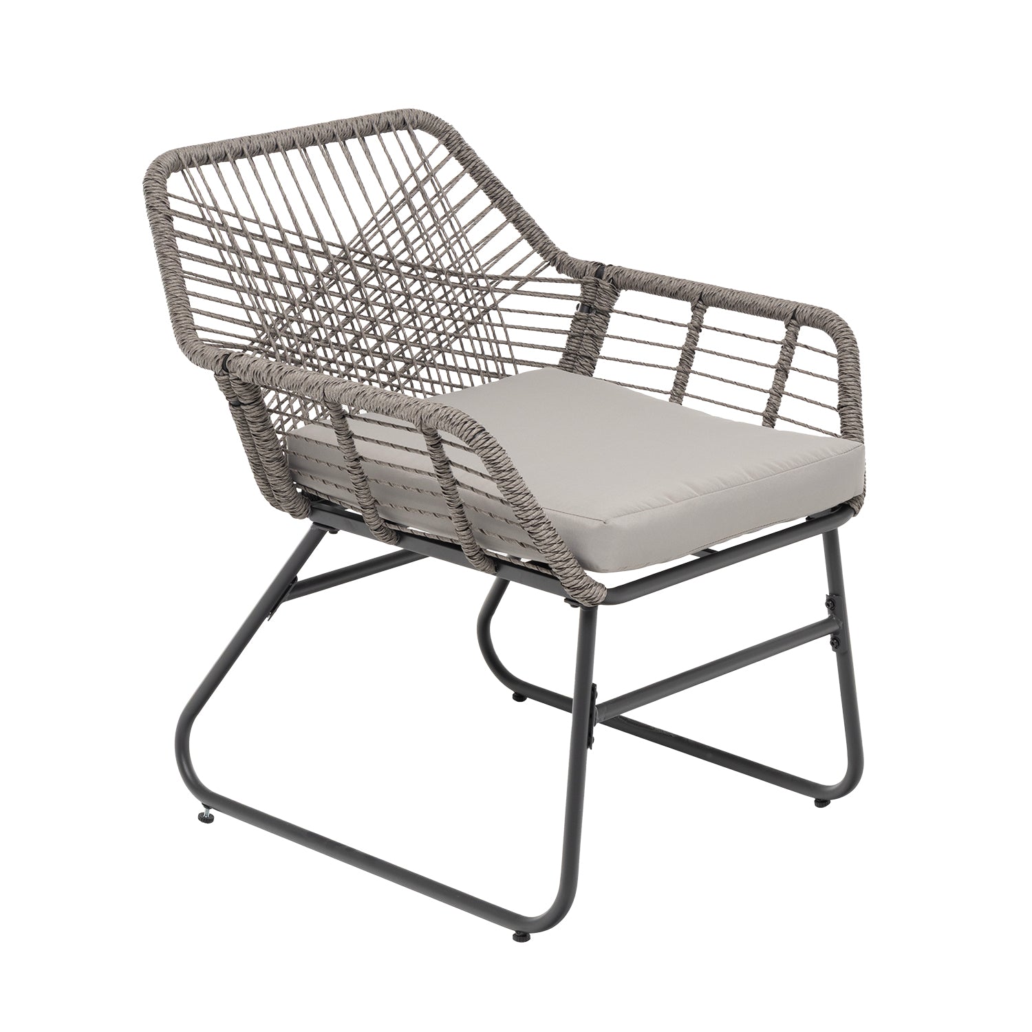 VESTIAMO CASA GIARDINO - Set da giardino 4 pezzi Struttura in Acciaio, con Intreccio in fibra sintetica effetto rattan Grigio e Top in Vetro, cuscini inclusi