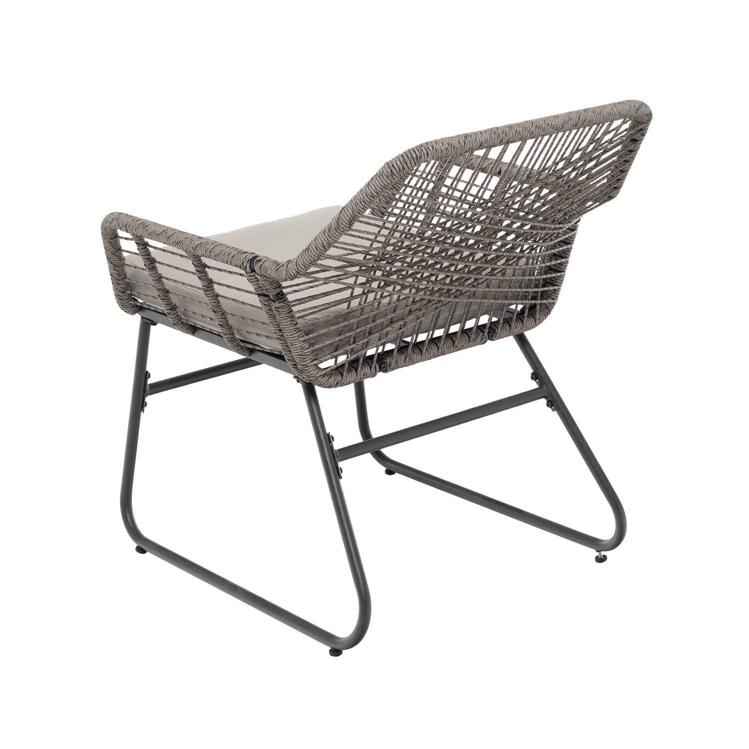 VESTIAMO CASA GIARDINO - Set da giardino 4 pezzi Struttura in Acciaio, con Intreccio in fibra sintetica effetto rattan Grigio e Top in Vetro, cuscini inclusi