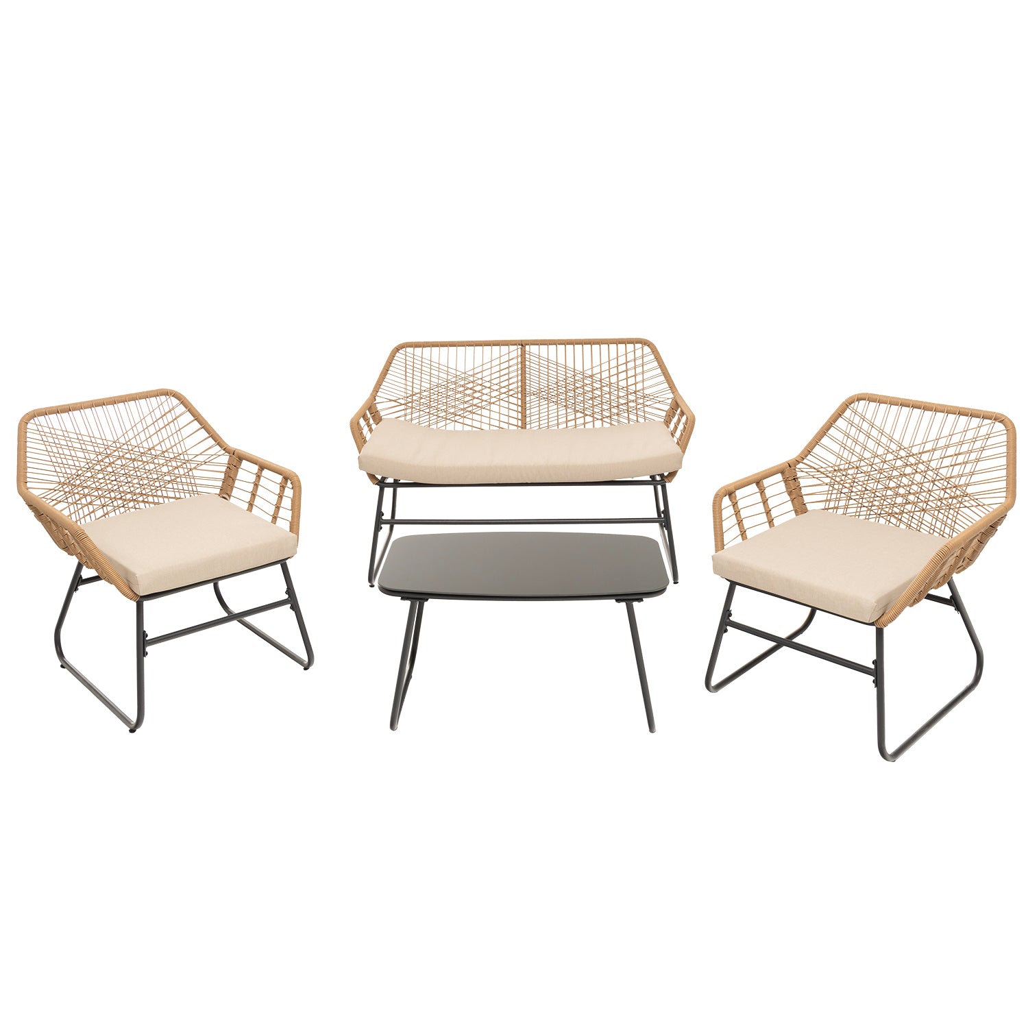 VESTIAMO CASA GIARDINO - Set da giardino 4 pezzi Struttura in Acciaio, con Intreccio in fibra sintetica effetto rattan Beige e Top in Vetro, cuscini inclusi