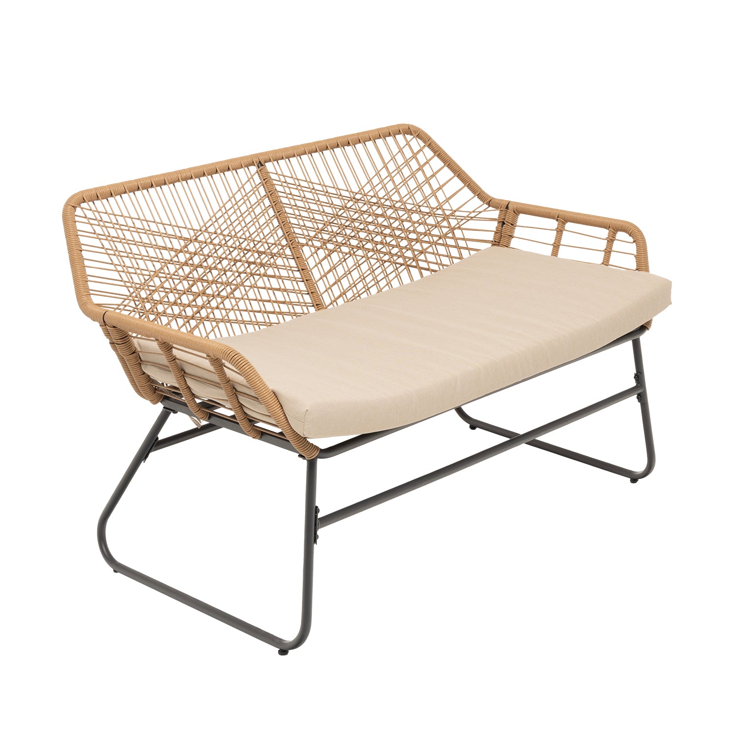 VESTIAMO CASA GIARDINO - Set da giardino 4 pezzi Struttura in Acciaio, con Intreccio in fibra sintetica effetto rattan Beige e Top in Vetro, cuscini inclusi