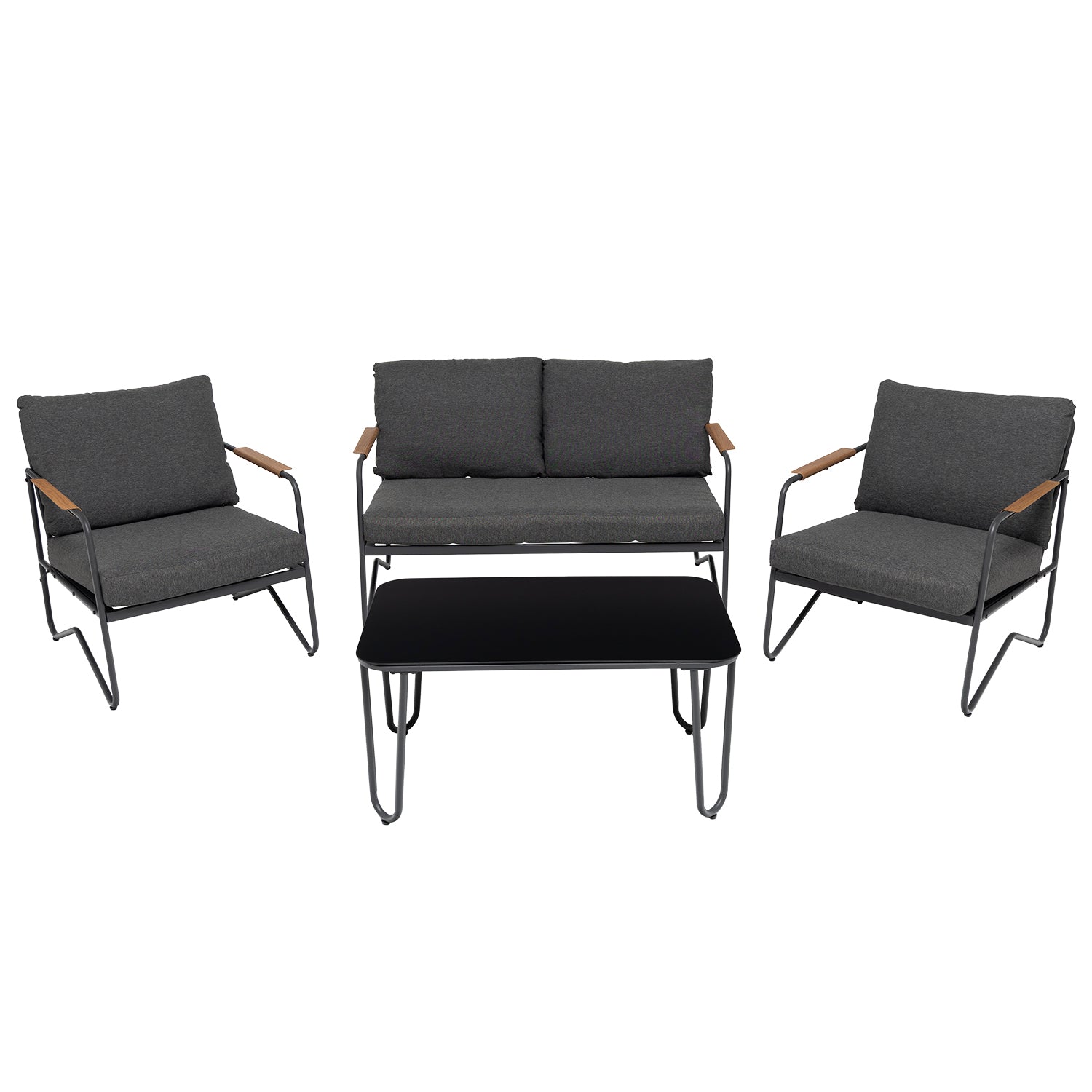 VESTIAMO CASA GIARDINO - Set da giardino 4 pezzi Struttura in Acciaio Antracite, braccioli con finitura effetto legno e Top in Vetro Temperato, cuscini inclusi