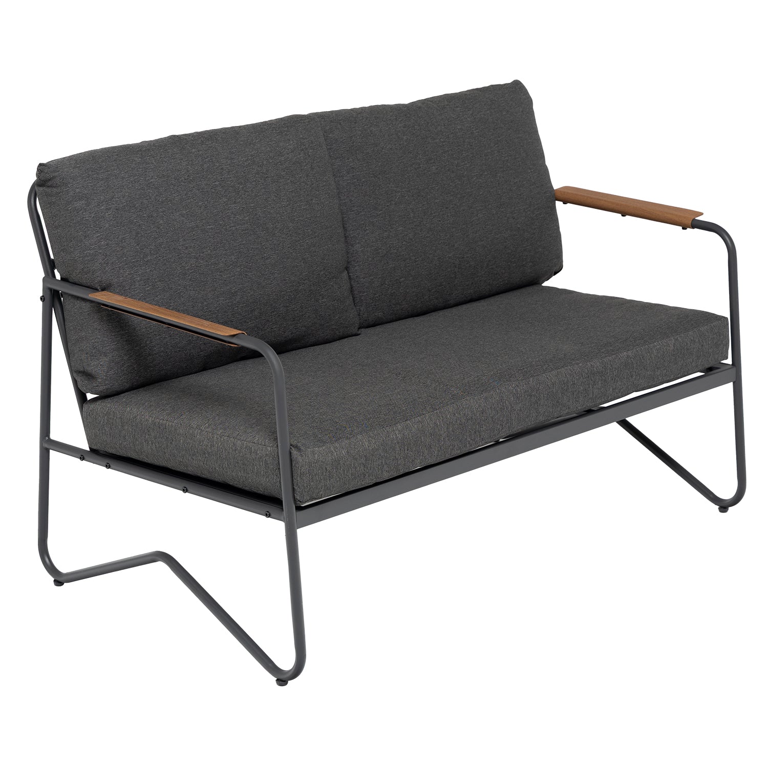 VESTIAMO CASA GIARDINO - Set da giardino 4 pezzi Struttura in Acciaio Antracite, braccioli con finitura effetto legno e Top in Vetro Temperato, cuscini inclusi