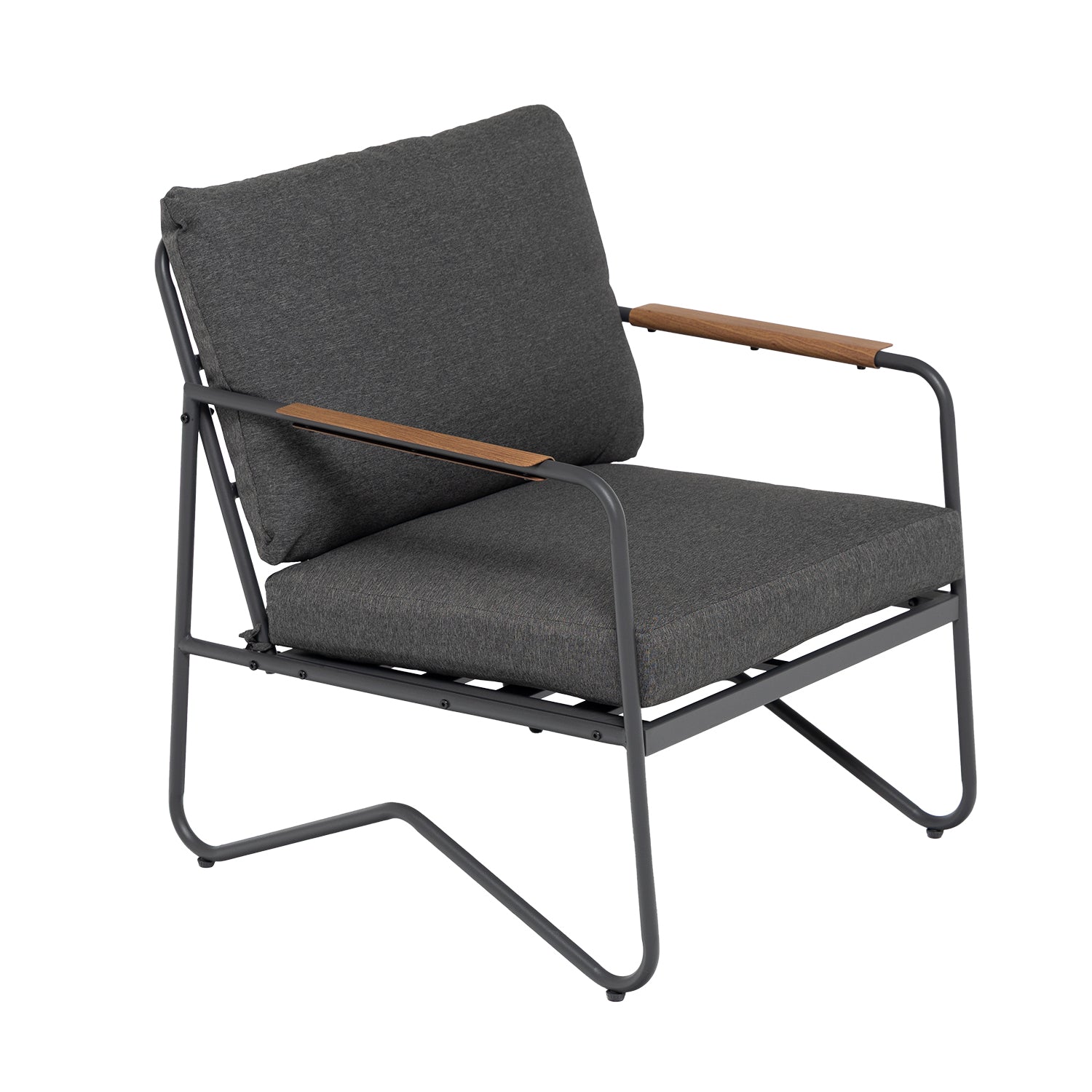 VESTIAMO CASA GIARDINO - Set da giardino 4 pezzi Struttura in Acciaio Antracite, braccioli con finitura effetto legno e Top in Vetro Temperato, cuscini inclusi