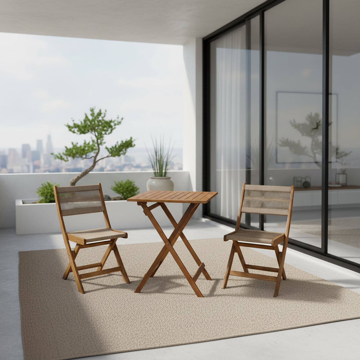 VESTIAMO CASA GIARDINO - Set giardino tavolo pieghevole 60x55 cm e 2 sedie pieghevoli in legno con seduta in corda di poliestere intrecciata