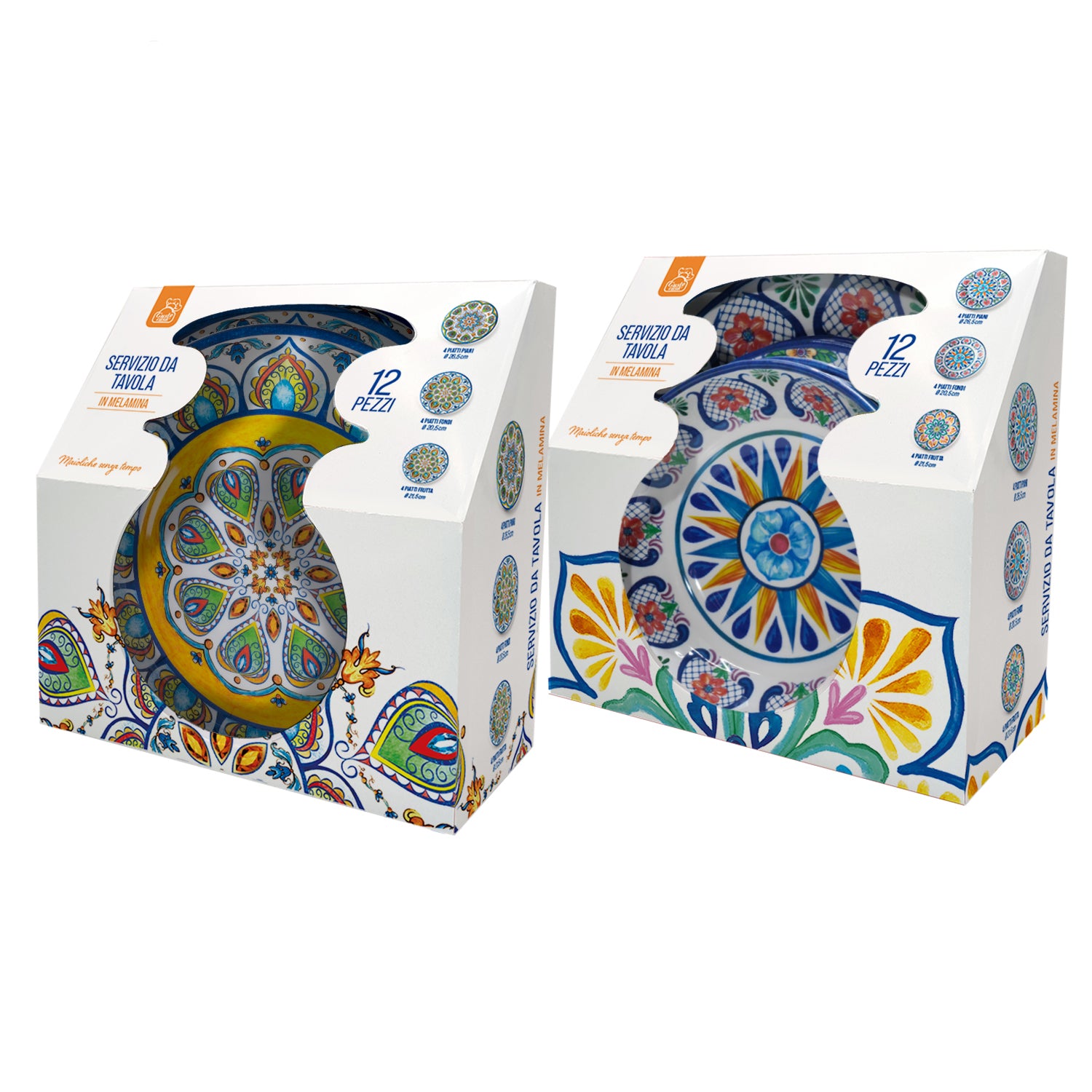 GUSTO CASA - Servizio di piatti in melamina con Decorazioni Maioliche Multicolor 12 pezzi