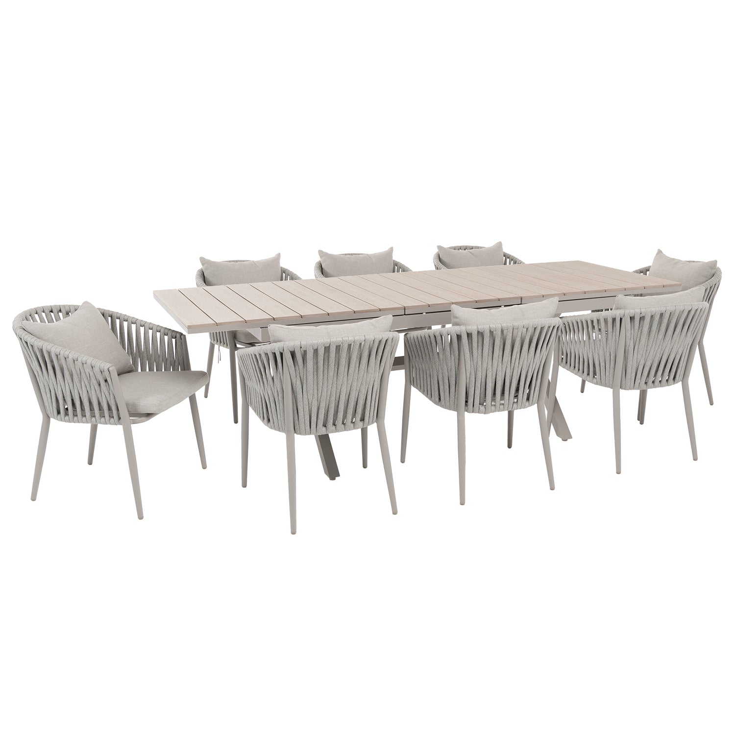 VESTIAMO CASA GIARDINO - Set da giardino 9 pezzi Tavolo Estensibile con 8 Sedie struttura in alluminio Grigio, Top in Legno Sintetico (HDPE) e cuscini inclusi
