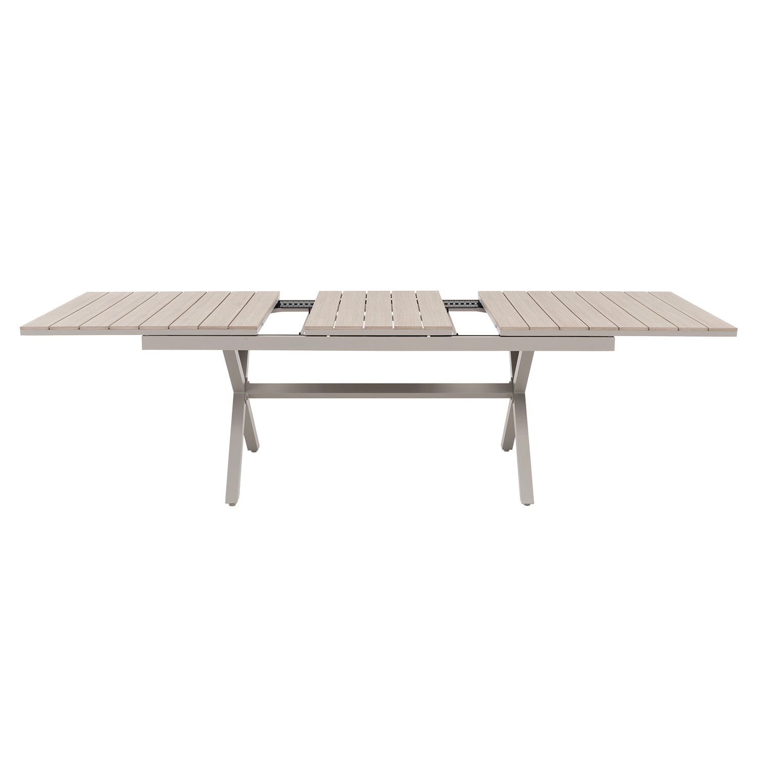 VESTIAMO CASA GIARDINO - Set da giardino 9 pezzi Tavolo Estensibile con 8 Sedie struttura in alluminio Grigio, Top in Legno Sintetico (HDPE) e cuscini inclusi