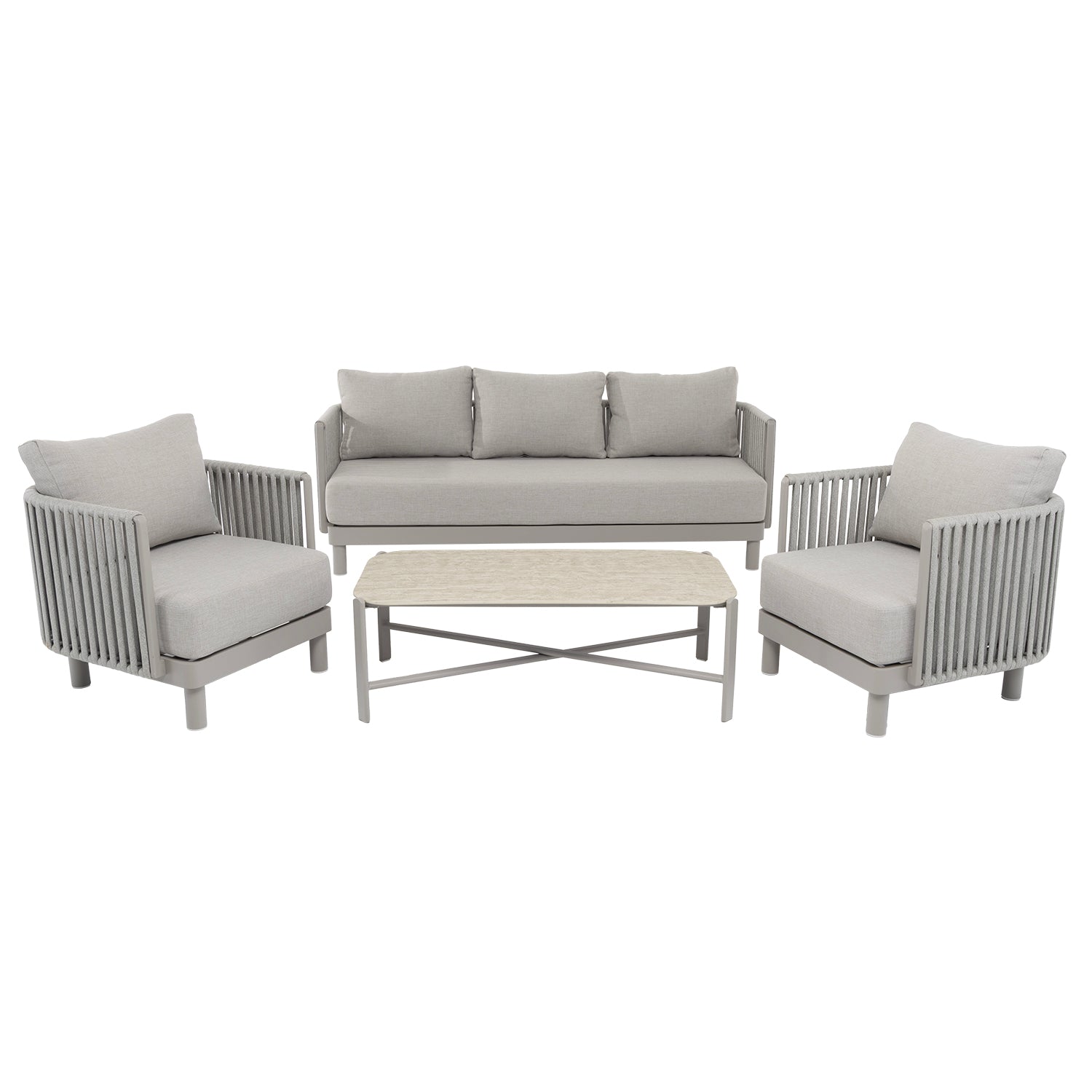 VESTIAMO CASA GIARDINO - Set Salotto da giardino 4 pezzi in Alluminio Grigio Tortora con Poltrone, Divanetto e Tavolino Top Effetto Pietra Design Moderno