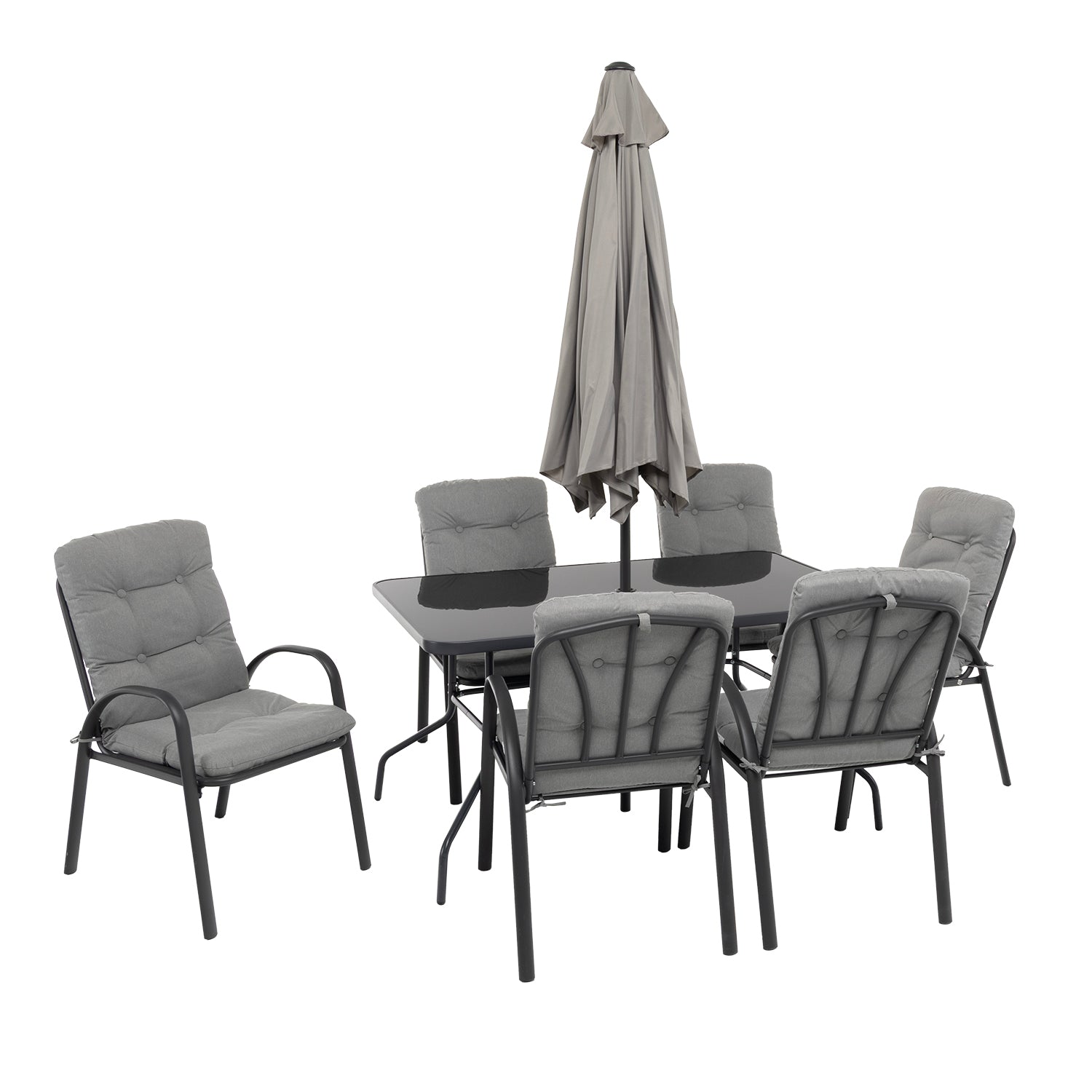 VESTIAMO CASA GIARDINO - Set Tavolo da Giardino 6 Sedie con Ombrellone Grigio