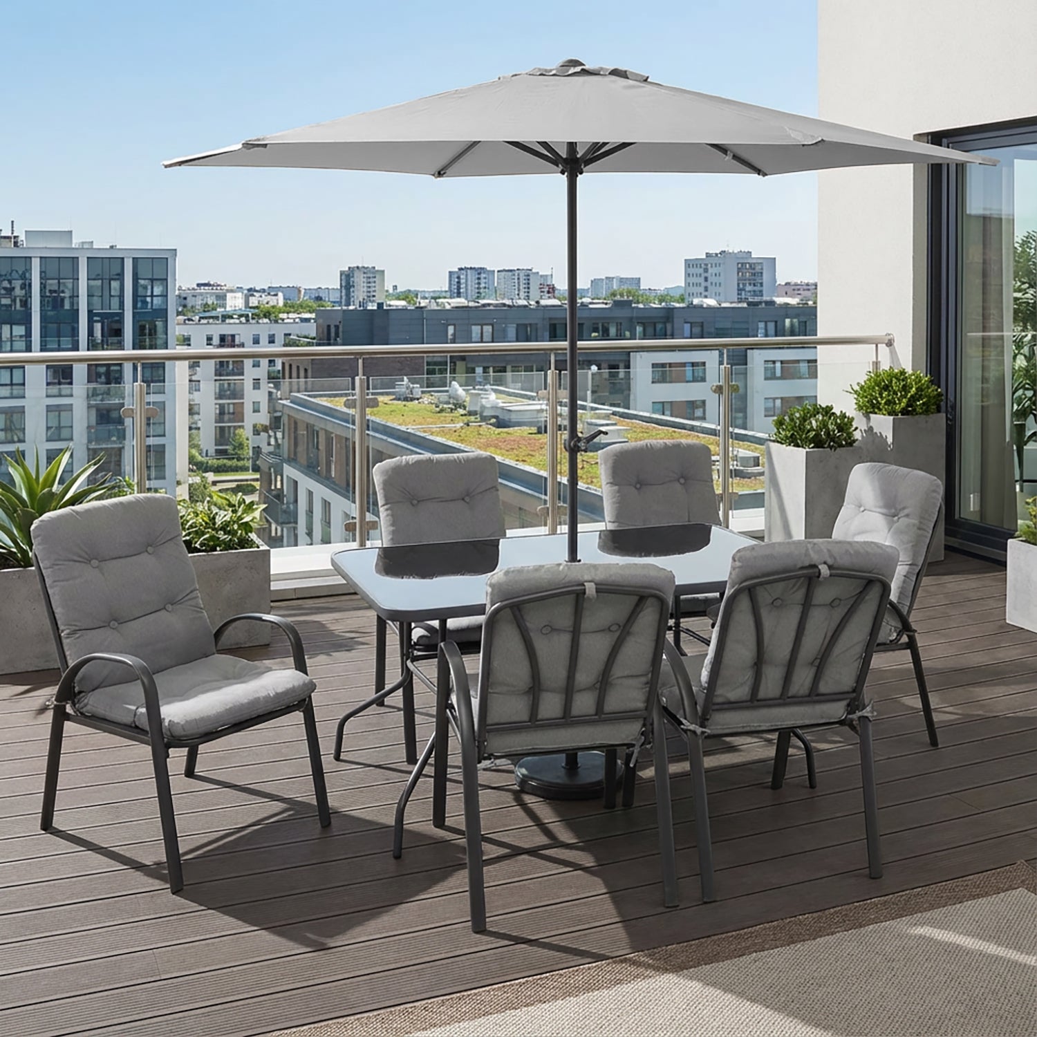 VESTIAMO CASA GIARDINO - Set Tavolo da Giardino 6 Sedie con Ombrellone Grigio