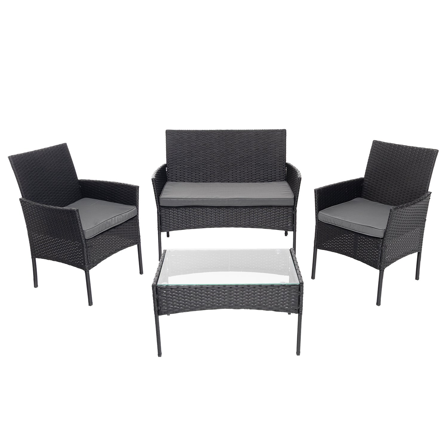VESTIAMO CASA GIARDINO - Set da giardino 4 pezzi Antracite Rattan sintetico con struttura in acciaio, top in vetro e cuscini Grigio Scuro