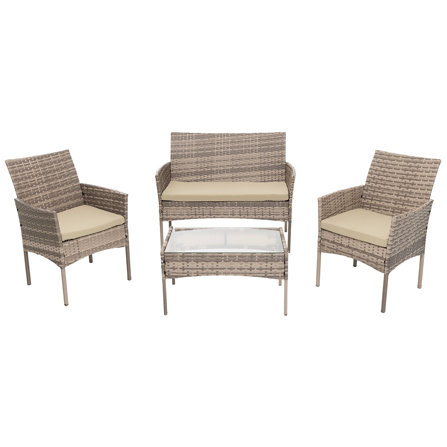 VESTIAMO CASA GIARDINO - Set da giardino 4 pezzi Tortora Rattan sintetico con struttura in acciaio, top in vetro e cuscini Beige