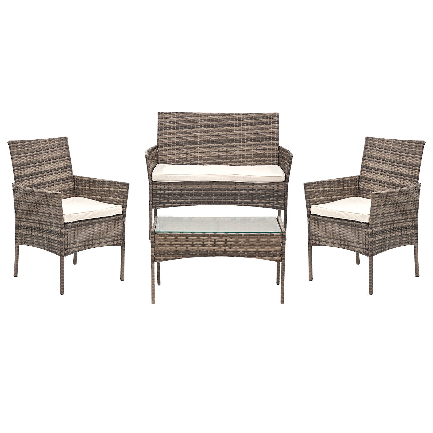 VESTIAMO CASA GIARDINO - Set da giardino 4 pezzi Rattan sintetico Tortora con struttura in acciaio, top in vetro e cuscini Crema