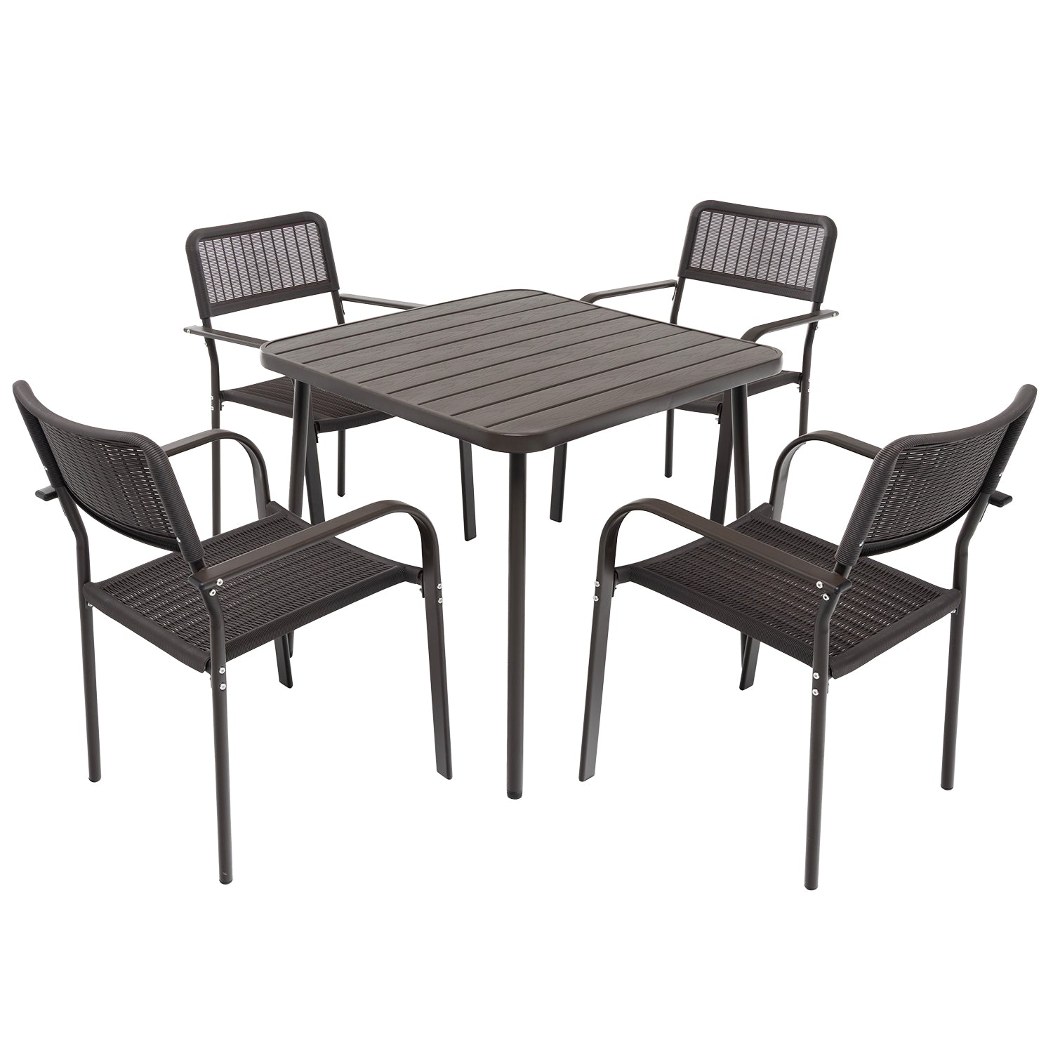 VESTIAMO CASA GIARDINO - Set Tavolo da Giardino 4 Posti in Metallo con Sedie Intrecciate Marrone