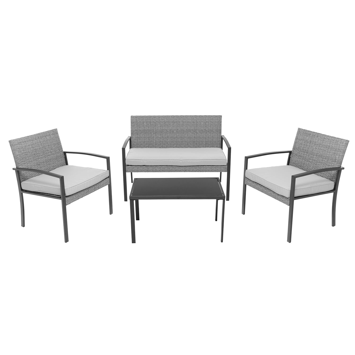 VESTIAMO CASA GIARDINO - Set da giardino 4 pezzi Antracite Rattan sintetico con struttura in acciaio, top in vetro e cuscini Grigio