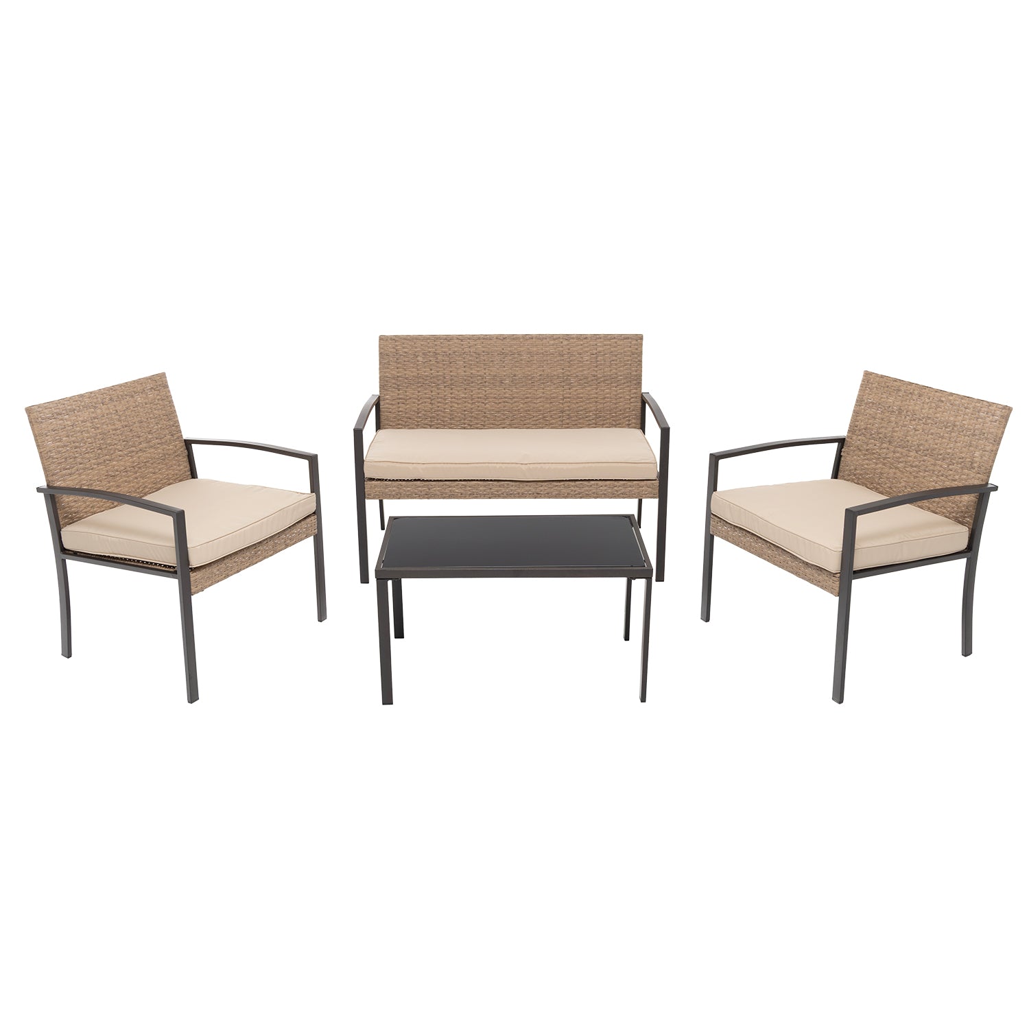VESTIAMO CASA GIARDINO - Set da giardino 4 pezzi Effetto Legno Rattan sintetico con struttura in acciaio, top in vetro e cuscini Beige