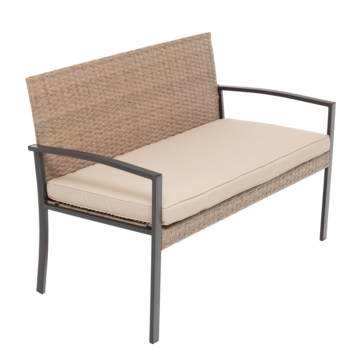 VESTIAMO CASA GIARDINO - Set da giardino 4 pezzi Effetto Legno Rattan sintetico con struttura in acciaio, top in vetro e cuscini Beige