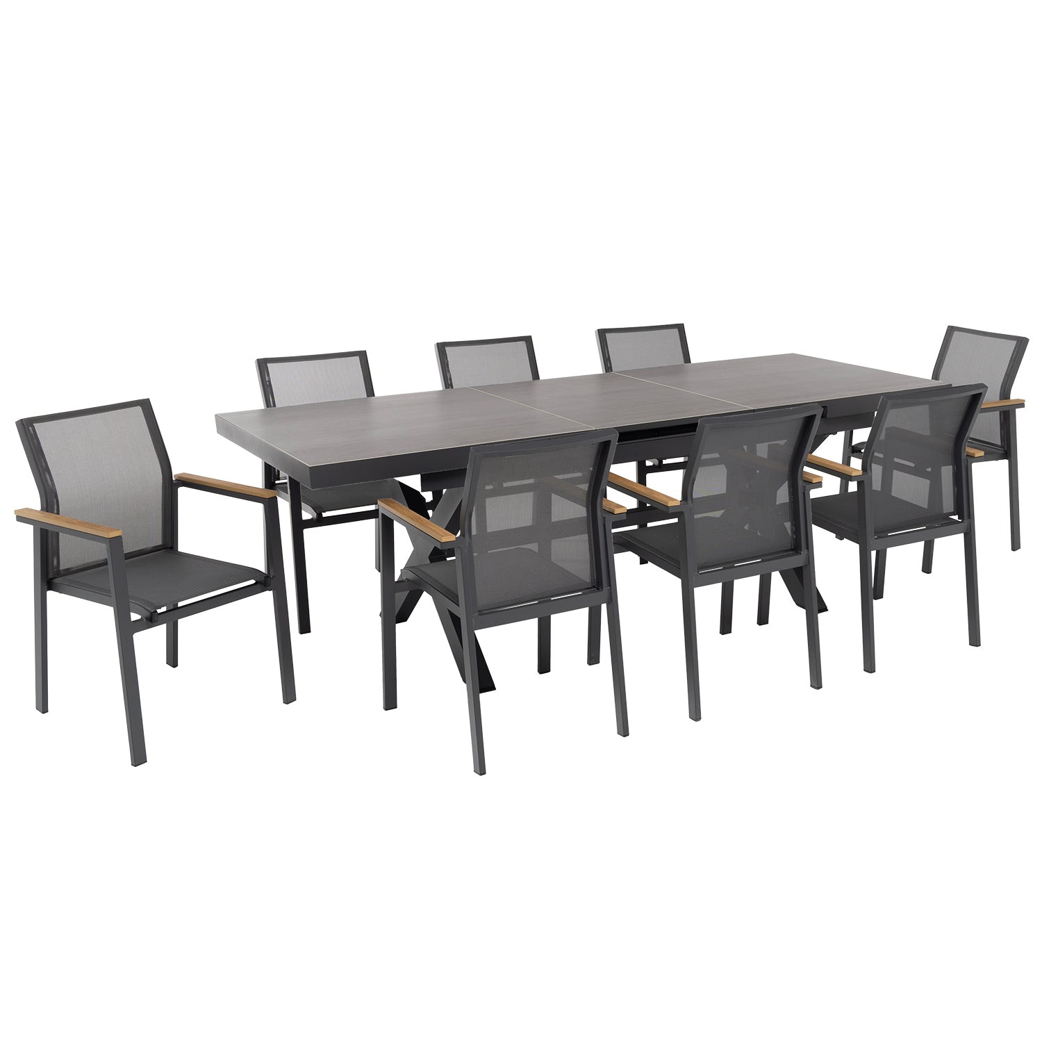 VESTIAMO CASA GIARDINO - Set da giardino 9 pezzi Tavolo Estensibile con 8 Sedie struttura in alluminio Antracite e braccioli in Polywood