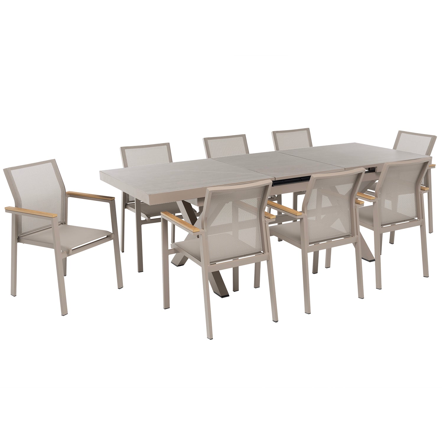 VESTIAMO CASA GIARDINO - Set da giardino 9 pezzi Tavolo Estensibile con 8 Sedie struttura in alluminio Tortora e braccioli in Polywood
