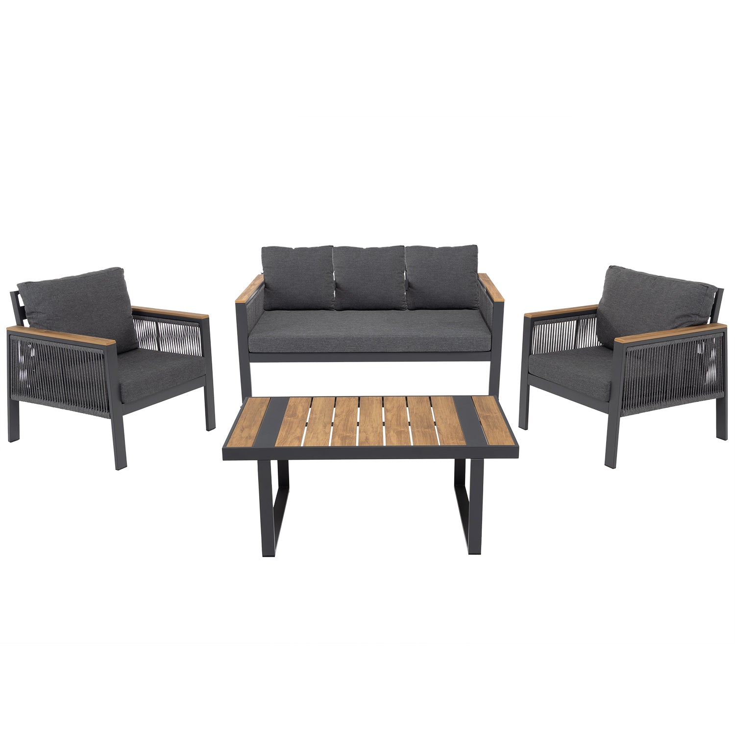 VESTIAMO CASA GIARDINO - Set Salotto da giardino 4 pezzi in Alluminio Antracite con Poltrone, Divanetto e Tavolino Effetto Legno Design Moderno