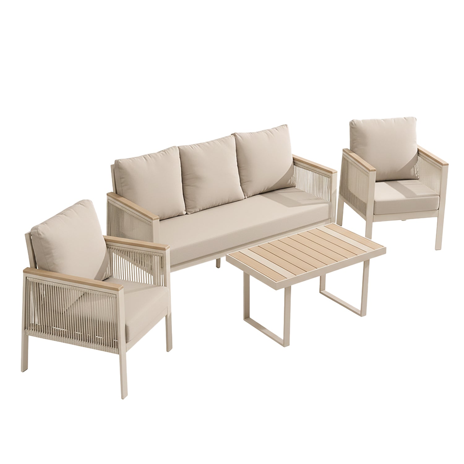 VESTIAMO CASA GIARDINO - Set Salotto da giardino 4 pezzi in Alluminio Tortora con Poltrone, Divanetto e Tavolino Effetto Legno Design Moderno