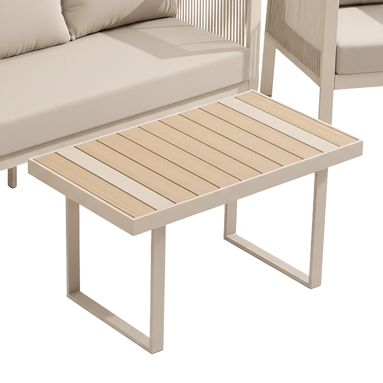 VESTIAMO CASA GIARDINO - Set Salotto da giardino 4 pezzi in Alluminio Tortora con Poltrone, Divanetto e Tavolino Effetto Legno Design Moderno